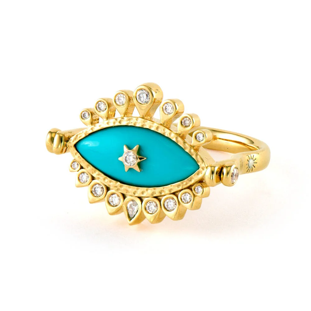 Three Stories 14K Yellow Gold Evil Eye and Turquoise Flip Ring