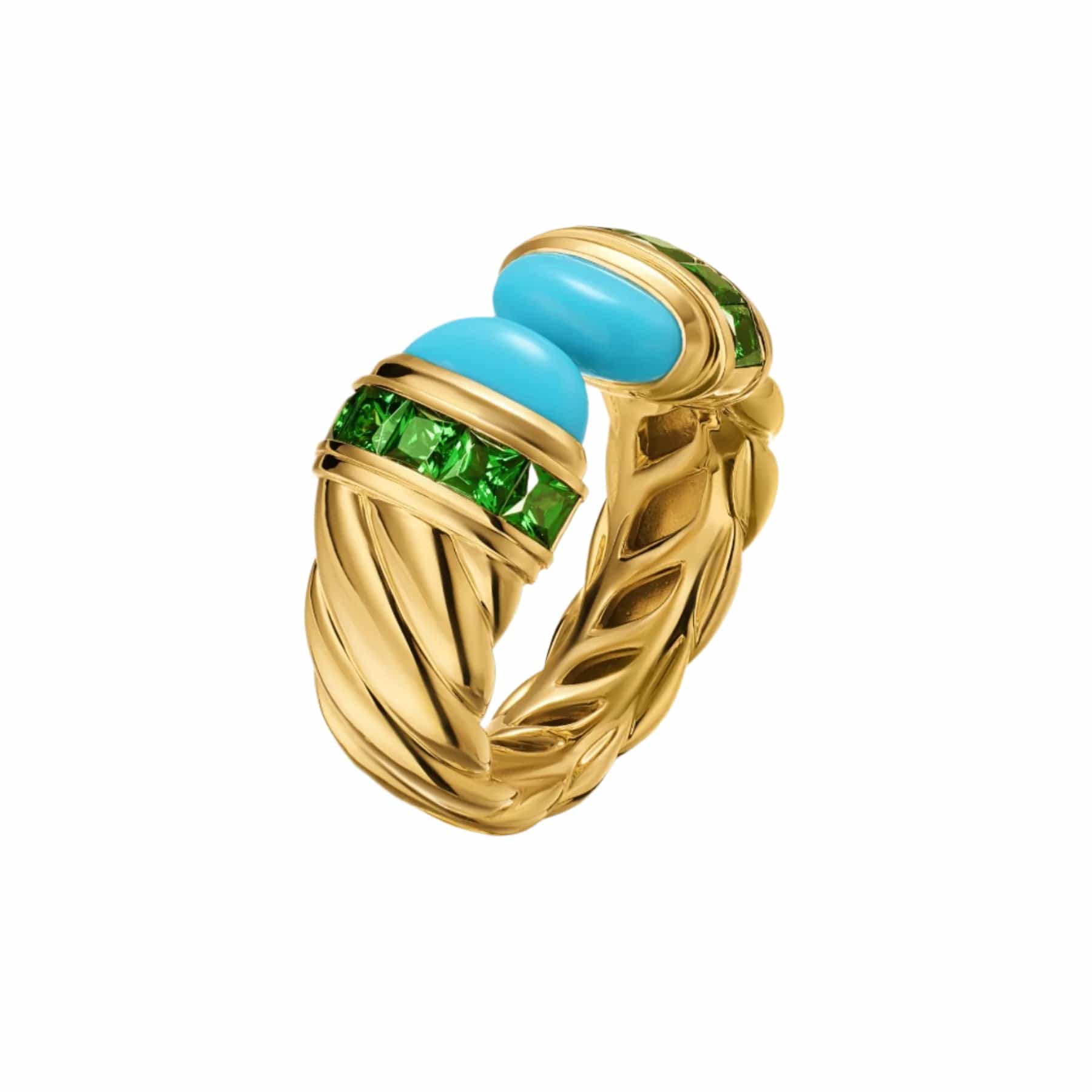 Sculpted Cable Open Cocktail Ring 18K Yellow Gold with Turquoise and Tsavorites, 12.4mm - Image 3