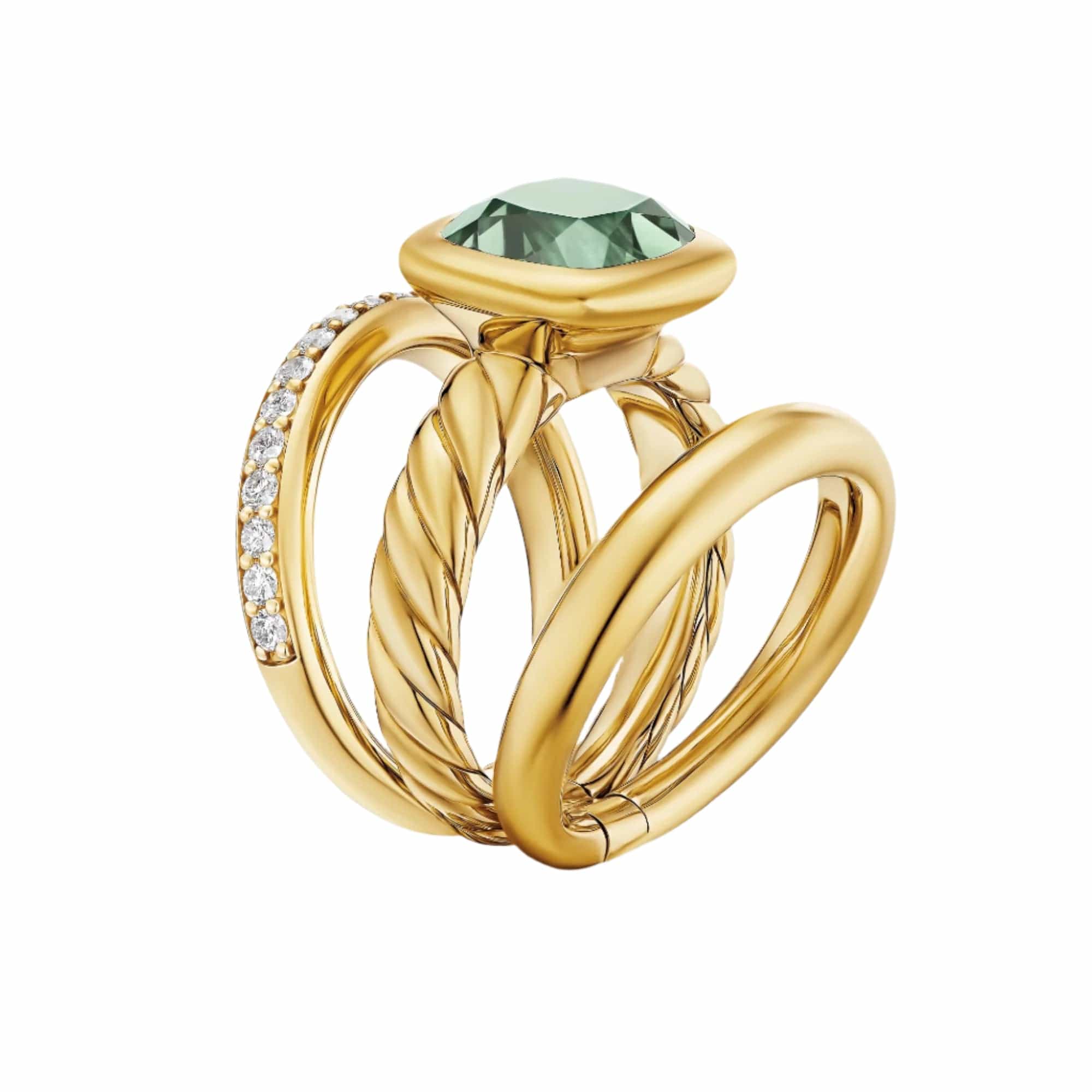 DY Mercer® Three Row Stone Ring 18K Yellow Gold with Prasiolite and Diamonds, 12mm - Image 2