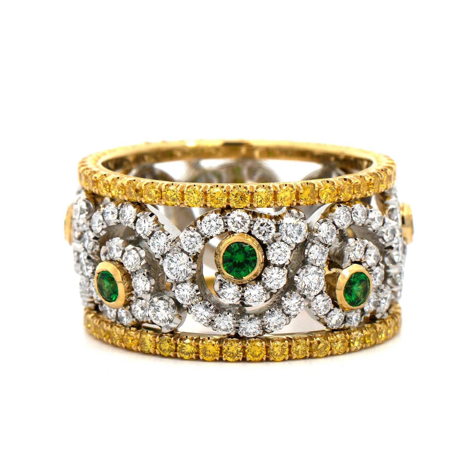 18K Tow Toned Yellow Diamond and Tsavorite Wide Band