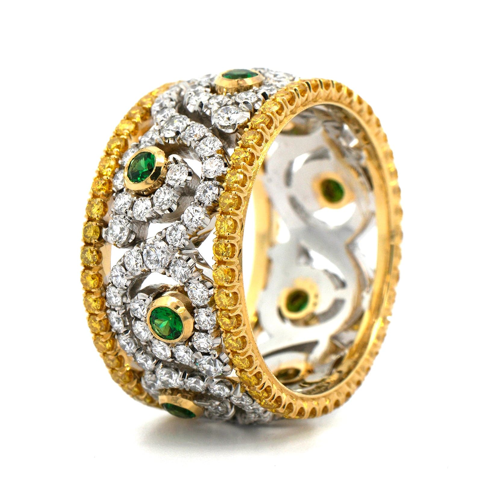 18K Tow Toned Yellow Diamond and Tsavorite Wide Band - Image 2