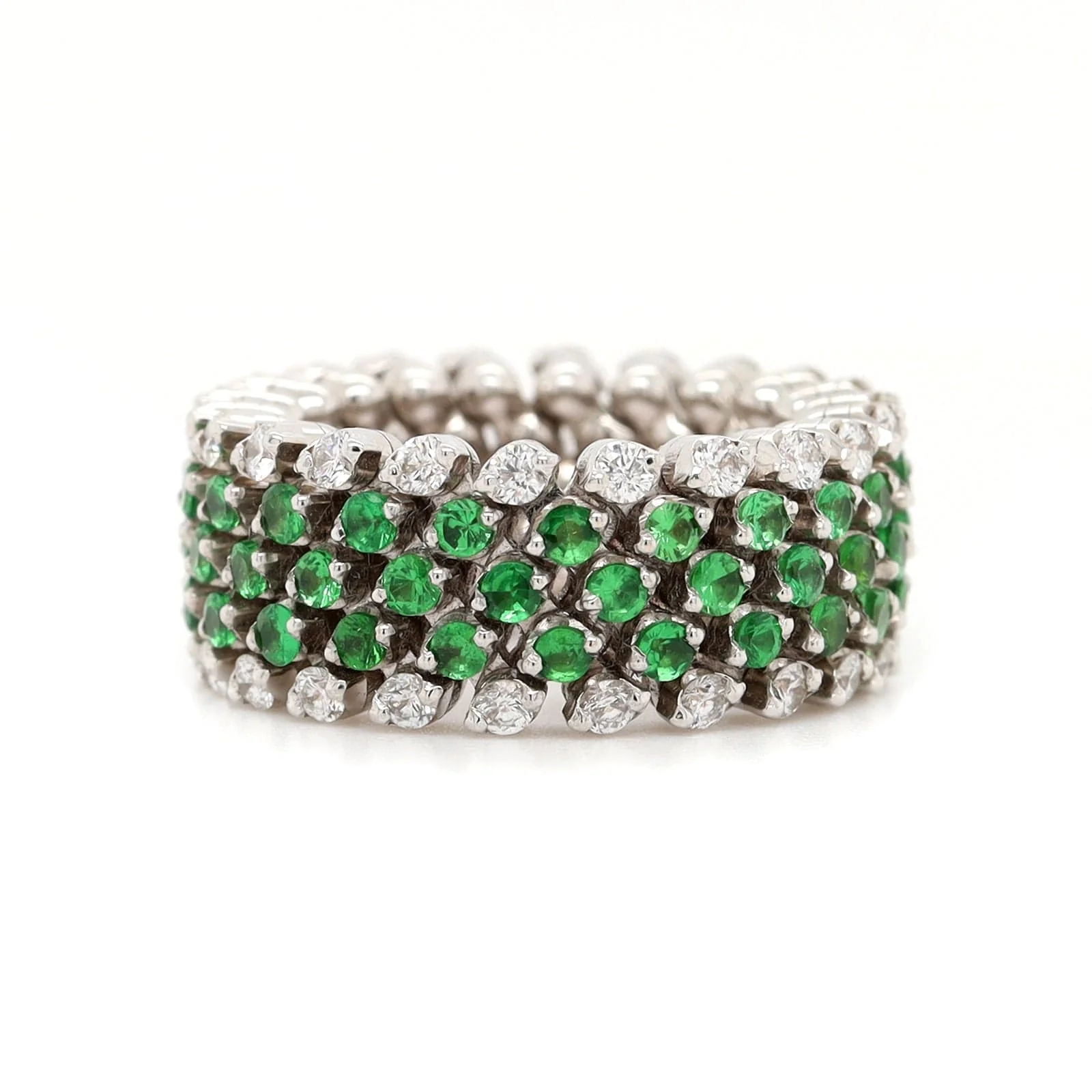 18K White Gold 5 Row Adjustable Diamond and Tsavorite Ring