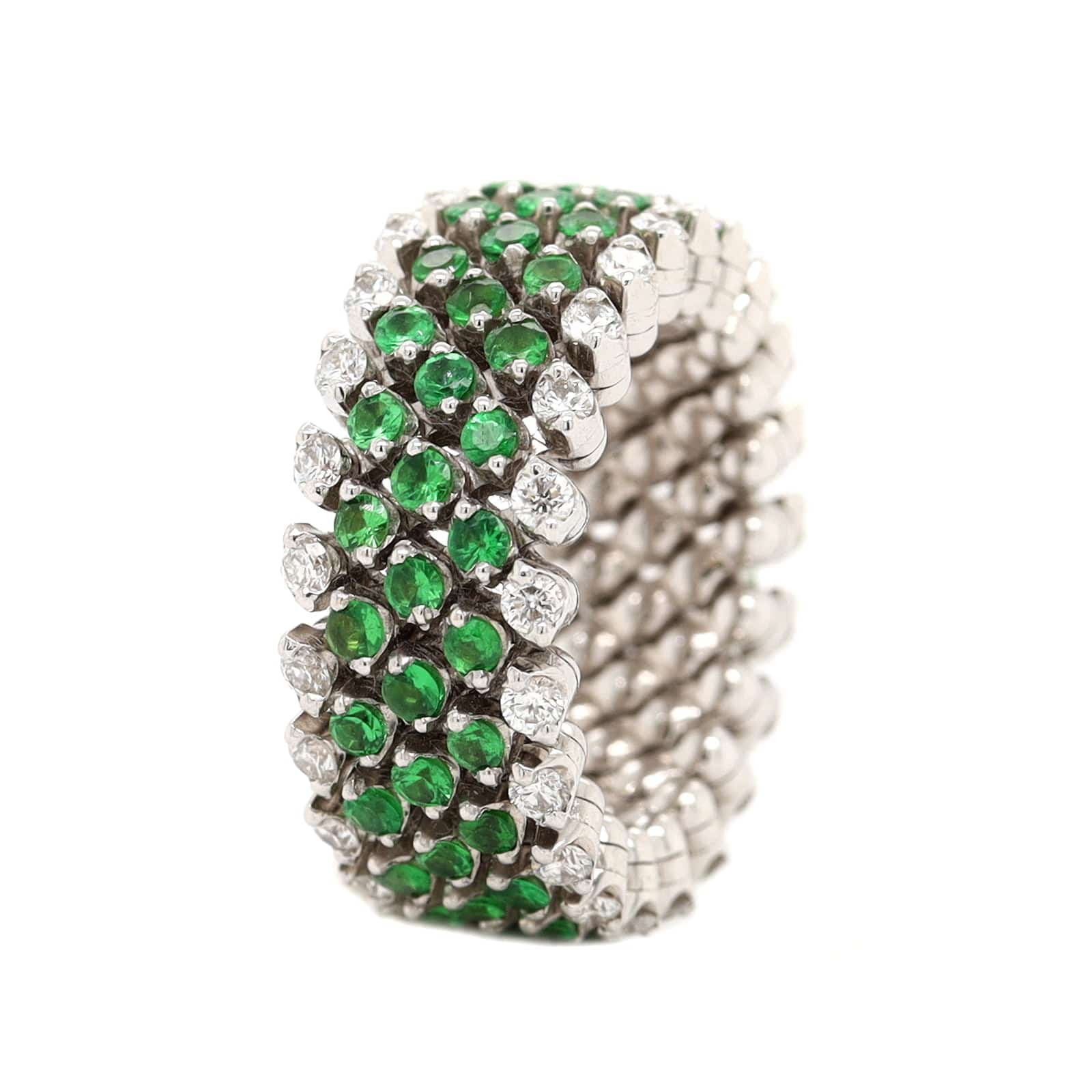 18K White Gold 5 Row Adjustable Diamond and Tsavorite Ring - Image 5