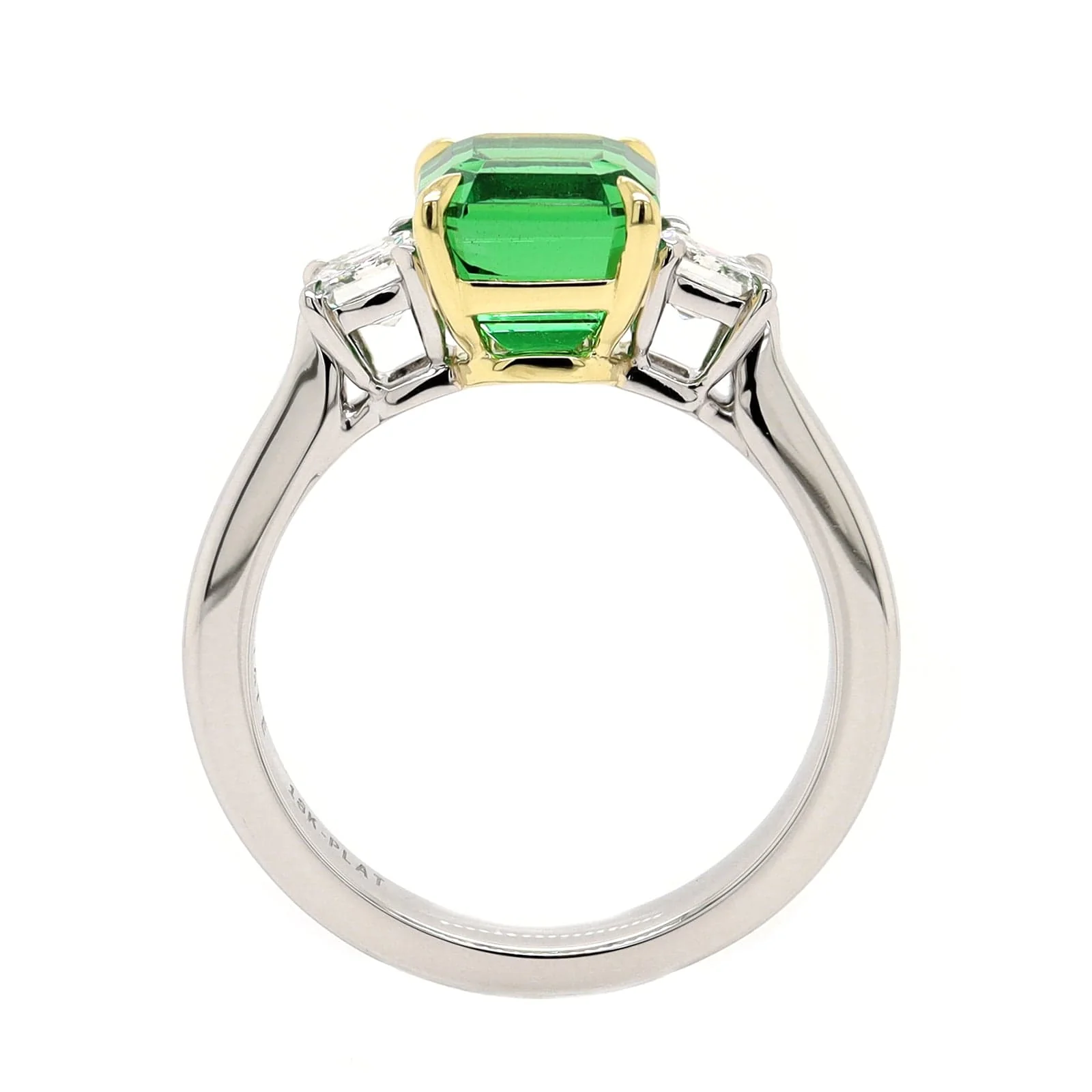 Platinum Three Stone Asscher Cut Green Tsavorite and Diamond Ring - Image 3