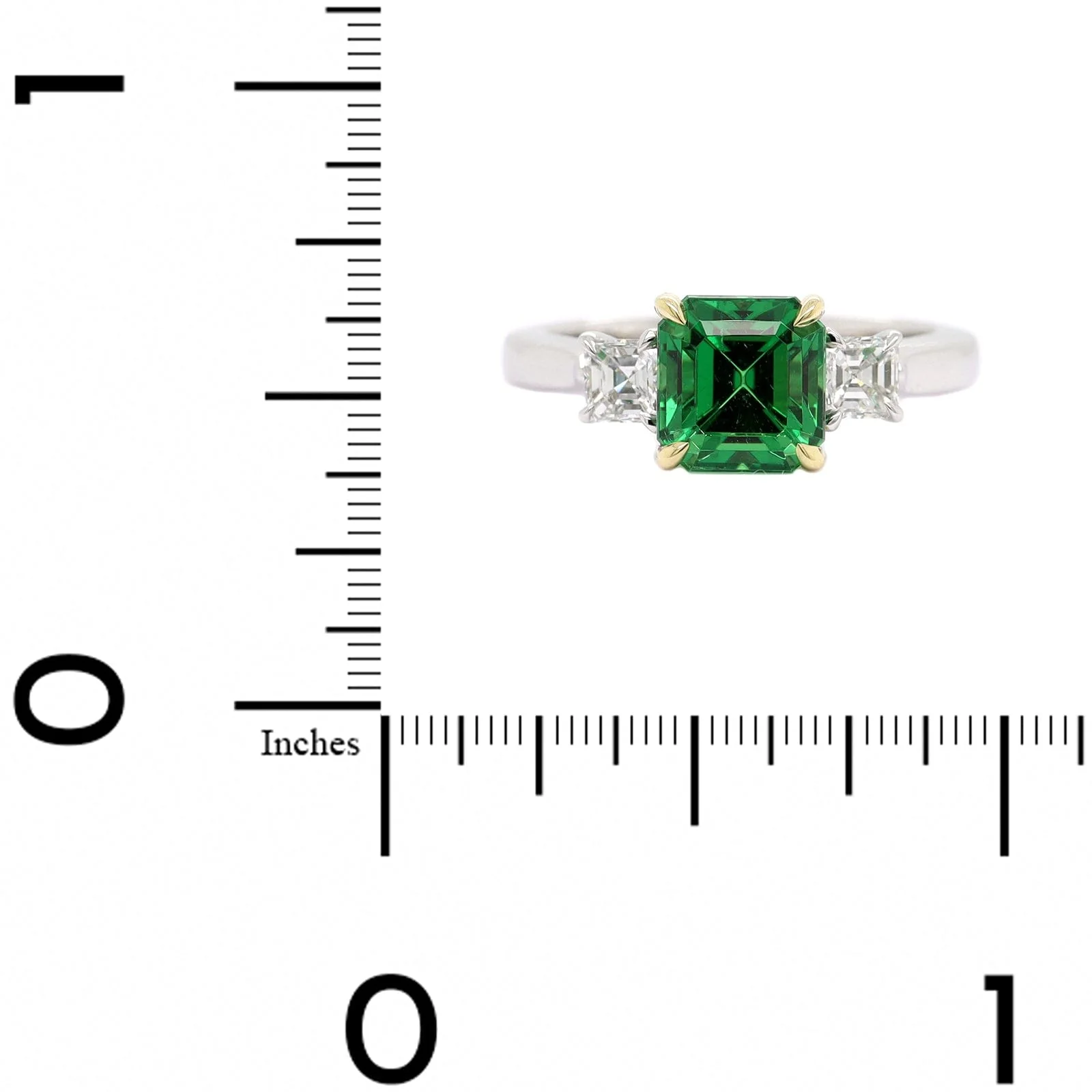 Platinum Three Stone Asscher Cut Green Tsavorite and Diamond Ring - Image 4