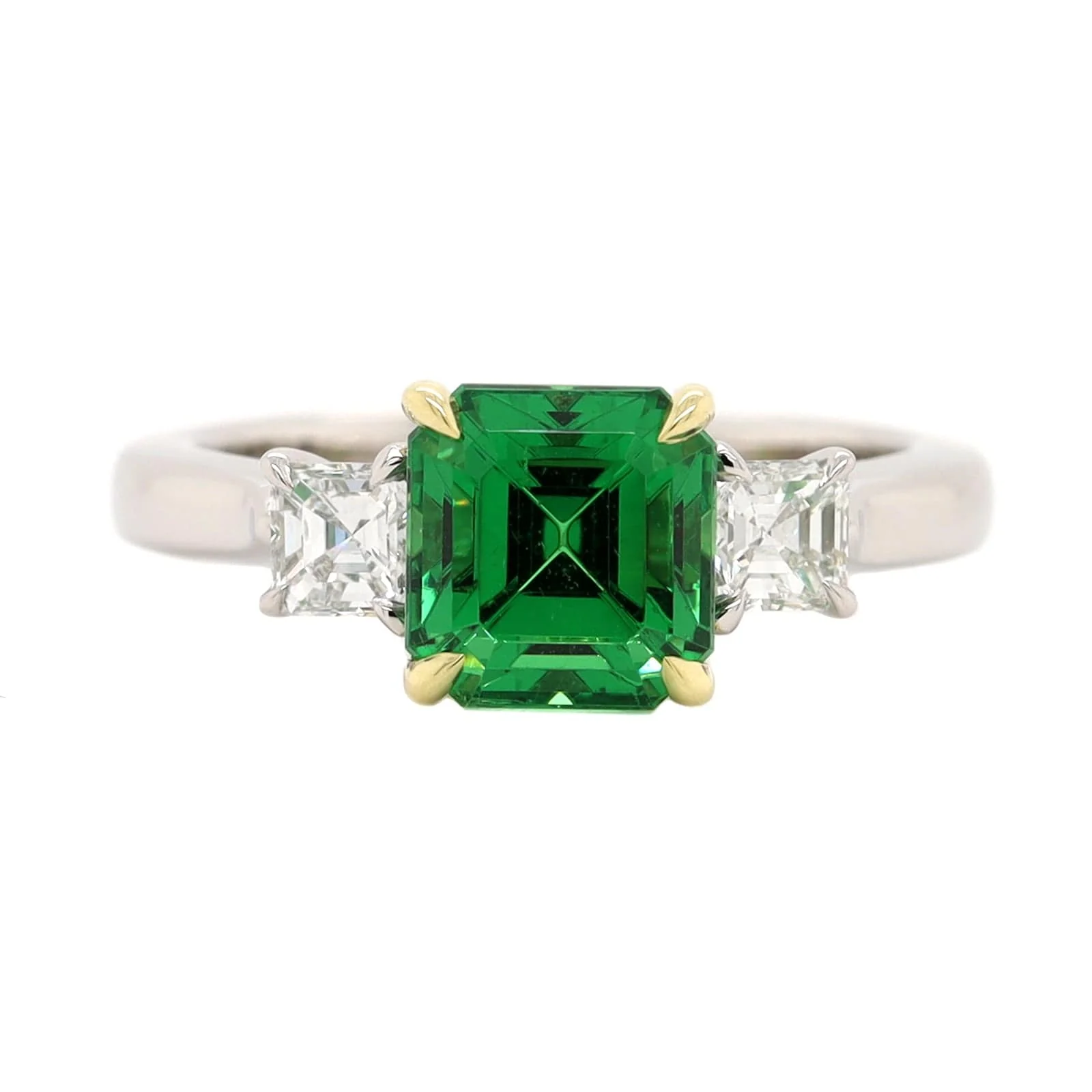 Platinum Three Stone Asscher Cut Green Tsavorite and Diamond Ring - Image 5