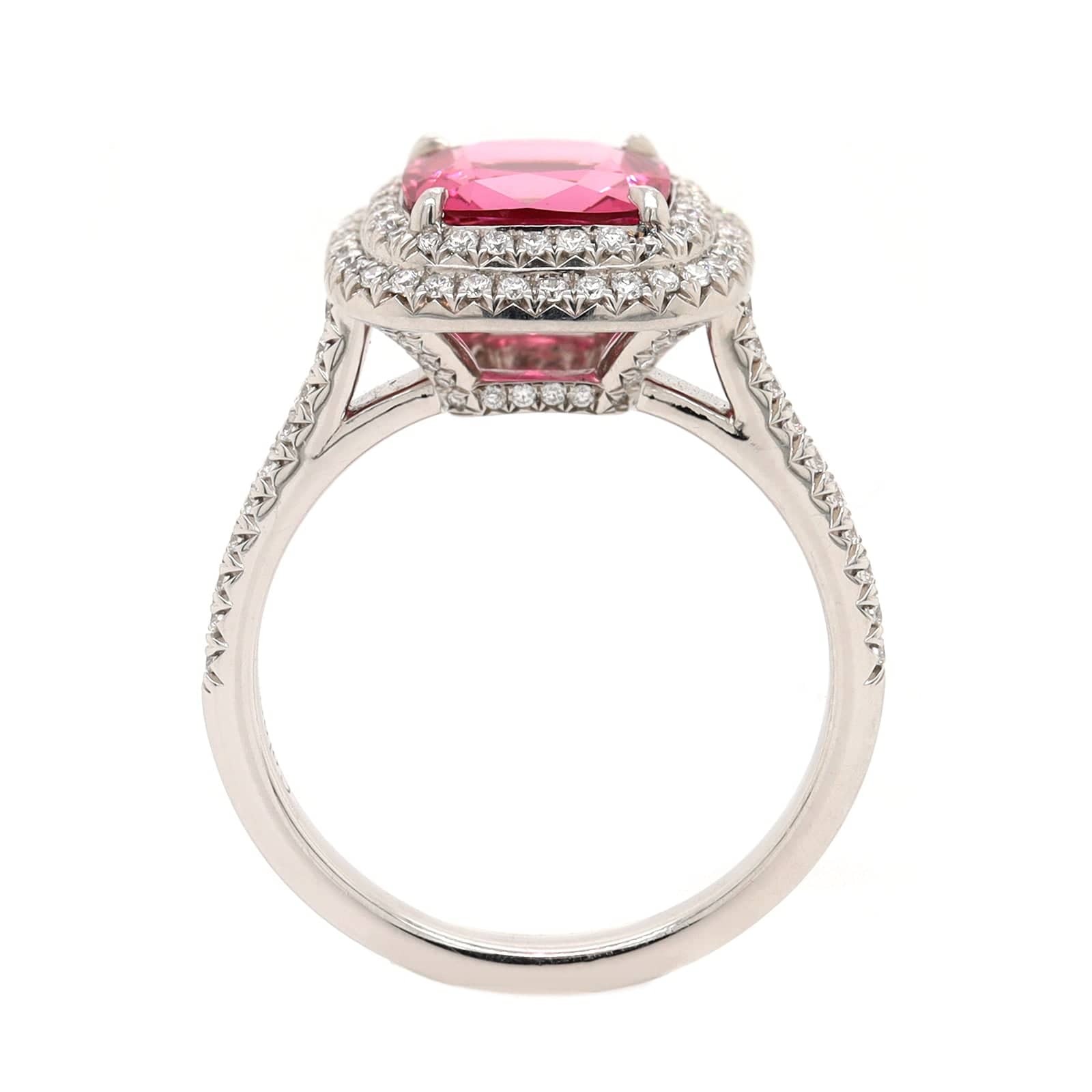 Platinum Cushion Shaped Pink Spinel and Double Diamond Halo Ring - Image 3