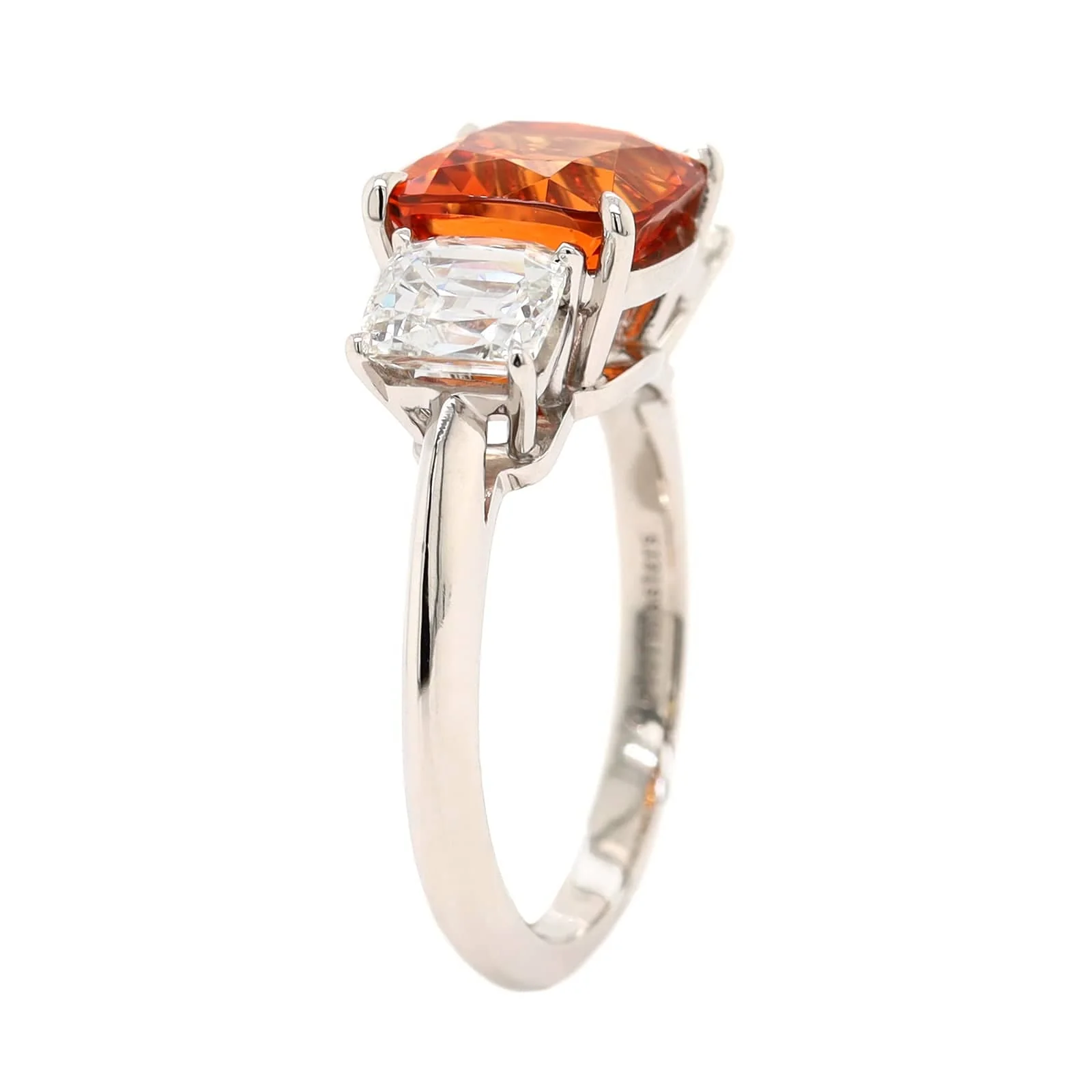 Platinum 3 Stone Cushion Spessartite Garnet and Diamond Ring - Image 2