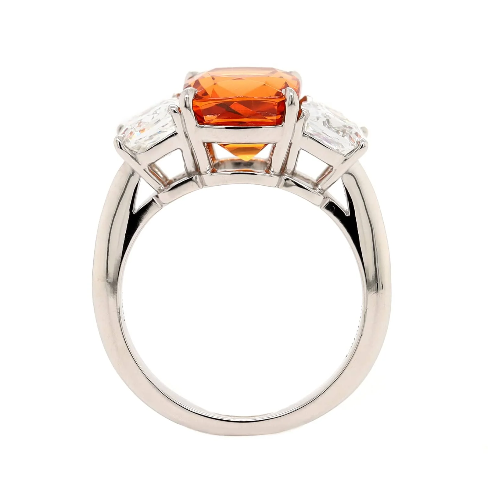 Platinum 3 Stone Cushion Spessartite Garnet and Diamond Ring - Image 3