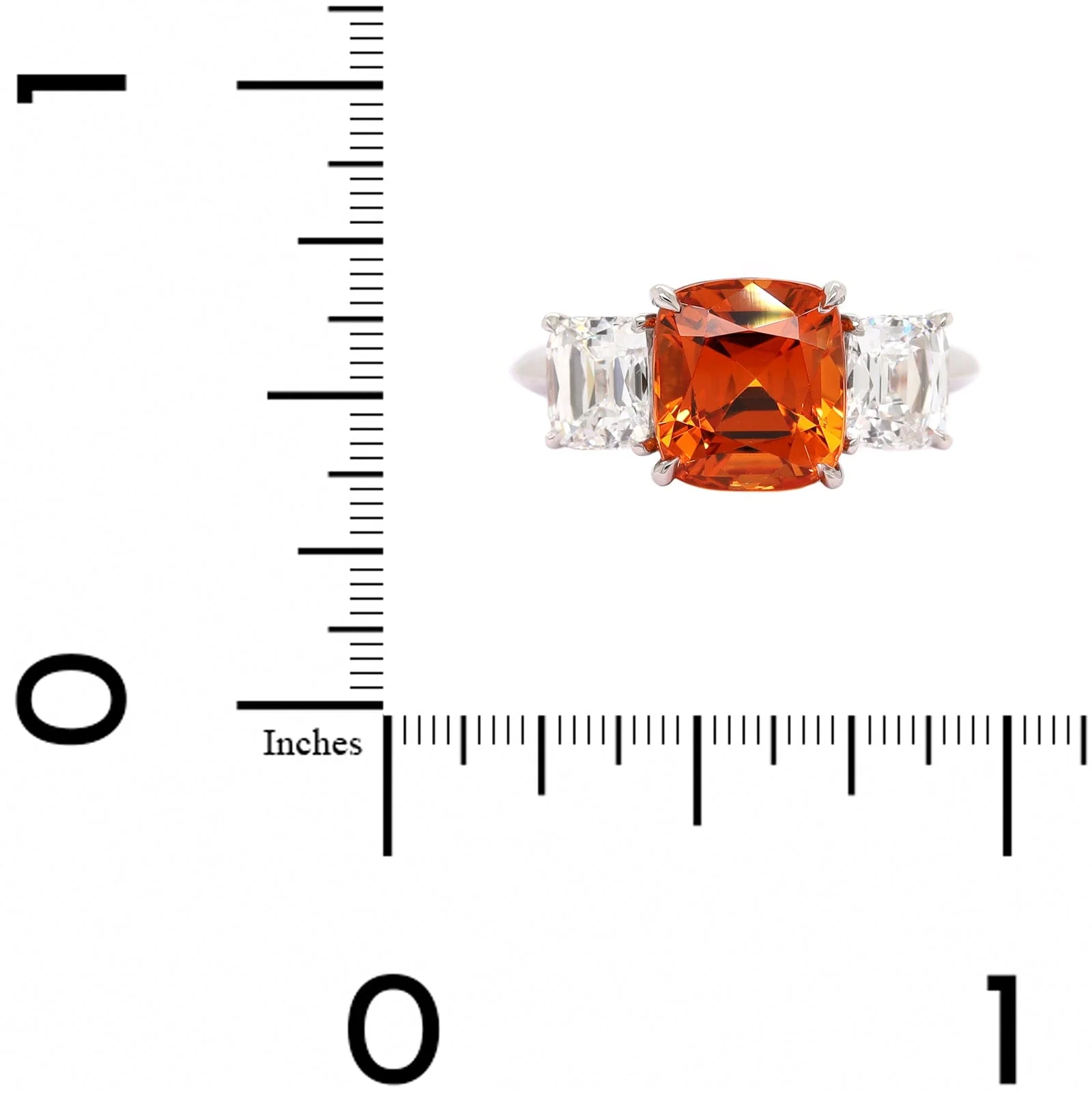 Platinum 3 Stone Cushion Spessartite Garnet and Diamond Ring - Image 4