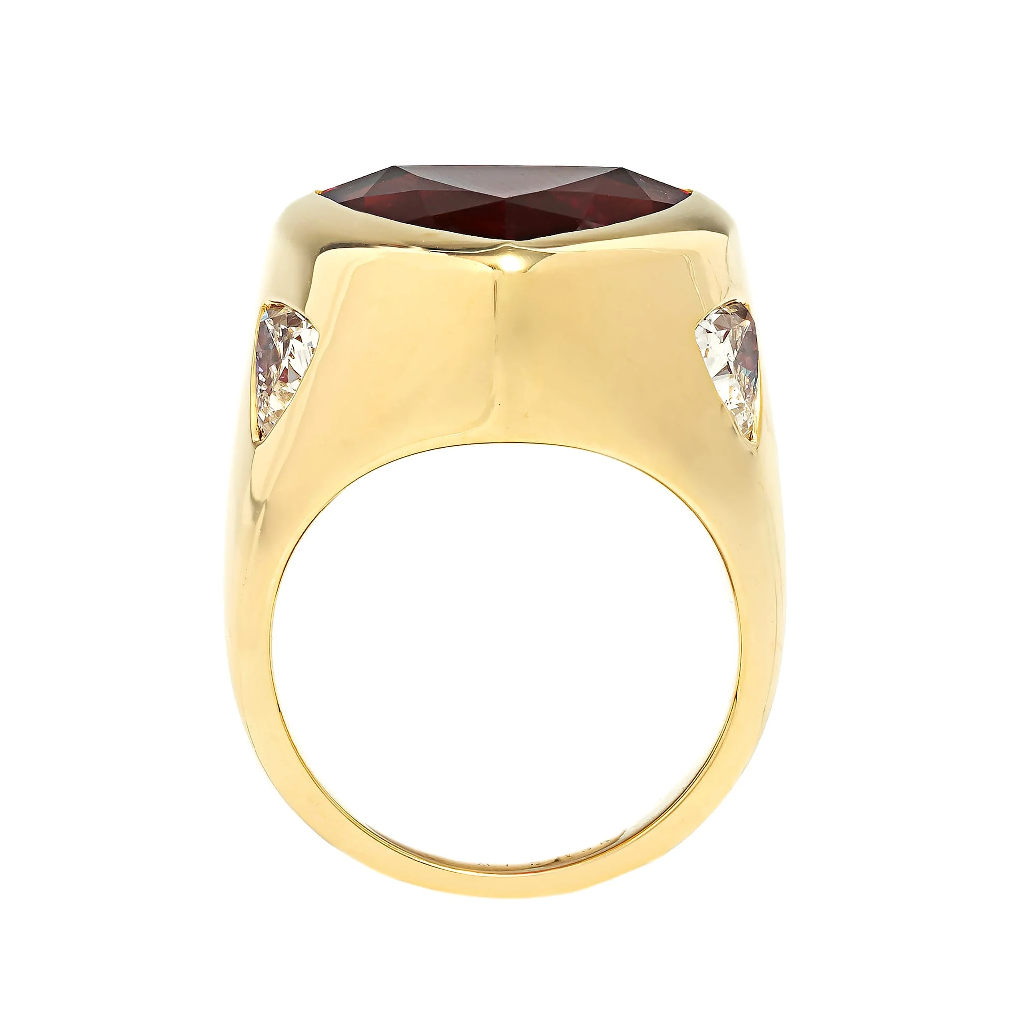 18K Yellow Gold Bezel Set Trillion Shaped Rubellite and Diamond Ring - Image 3