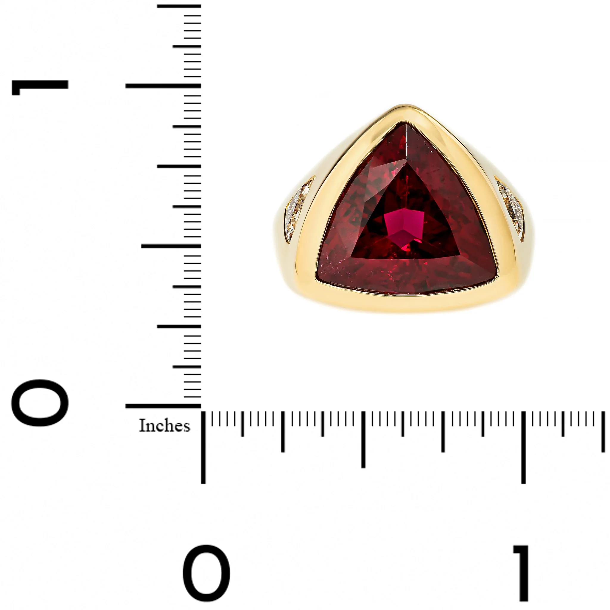 18K Yellow Gold Bezel Set Trillion Shaped Rubellite and Diamond Ring - Image 4
