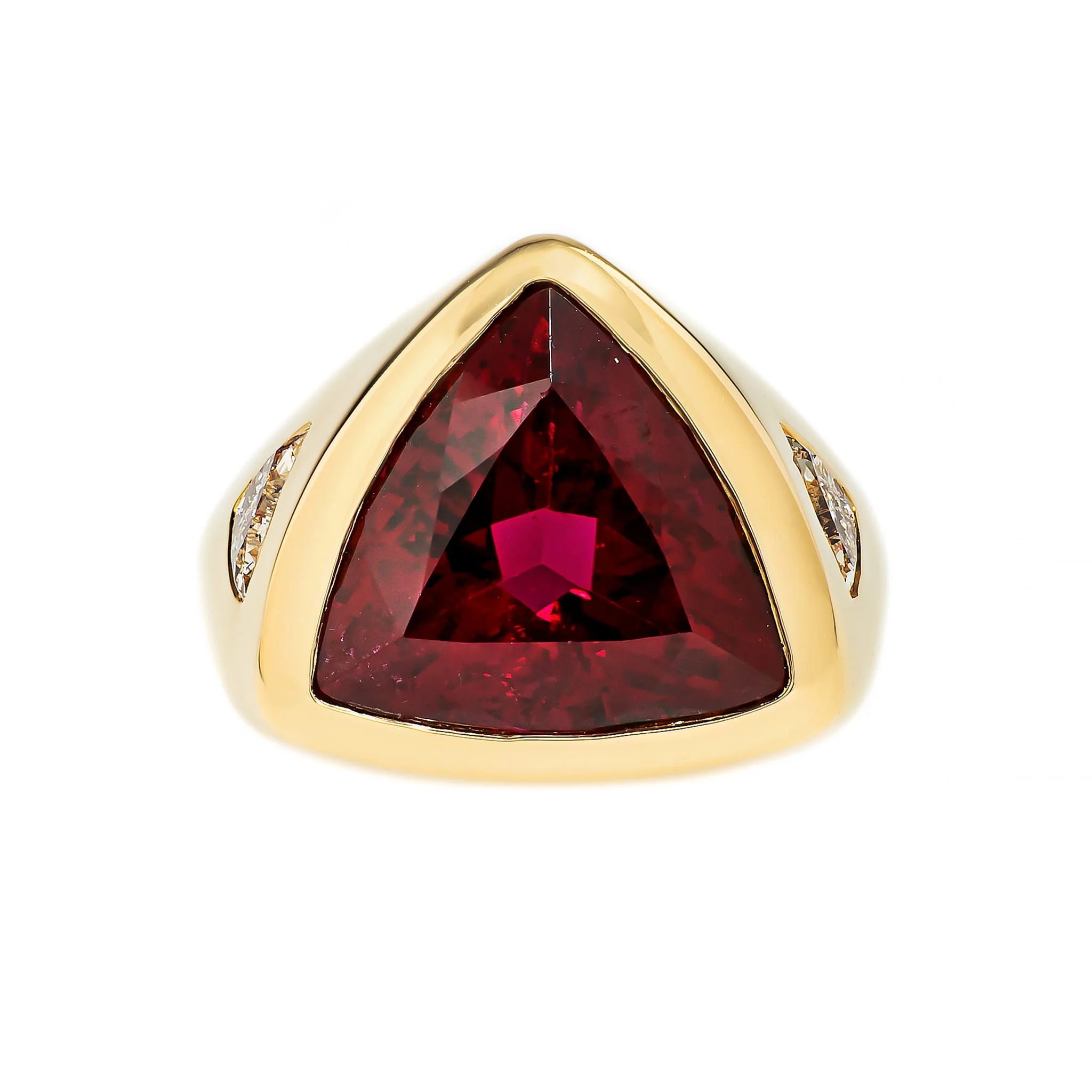 18K Yellow Gold Bezel Set Trillion Shaped Rubellite and Diamond Ring - Image 5