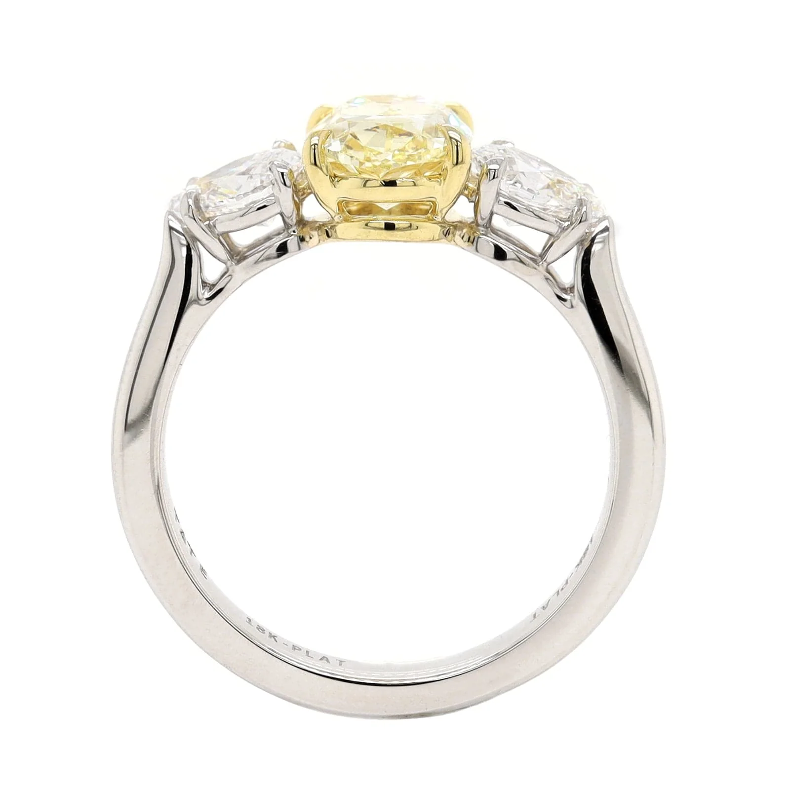 Platinum Three Stone Yellow and White Diamond Ring - Image 3