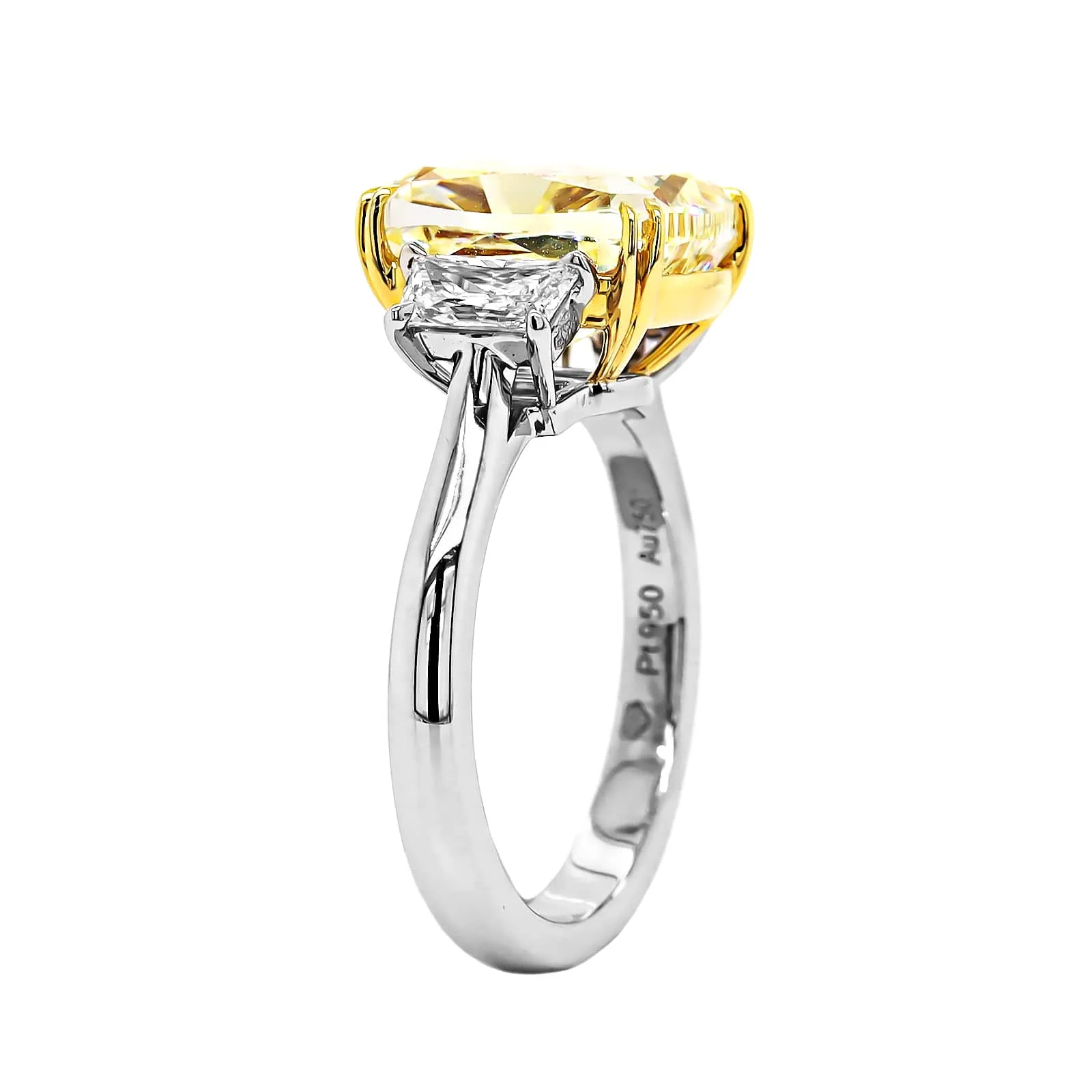 Platinum and 18K Yellow Gold 3 Stone Yellow Cushion Cut Diamond Engagement Ring - Image 2