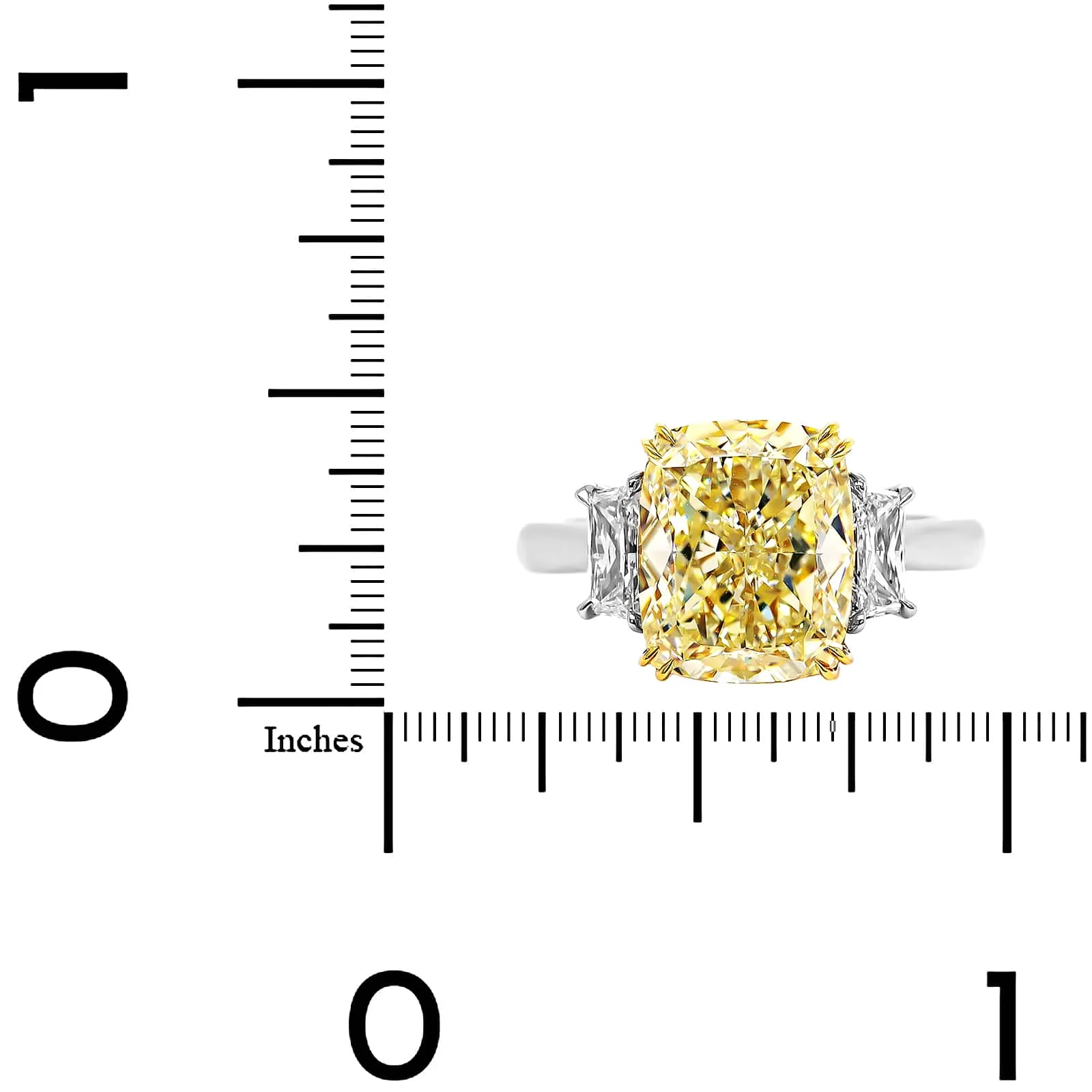 Platinum and 18K Yellow Gold 3 Stone Yellow Cushion Cut Diamond Engagement Ring - Image 4
