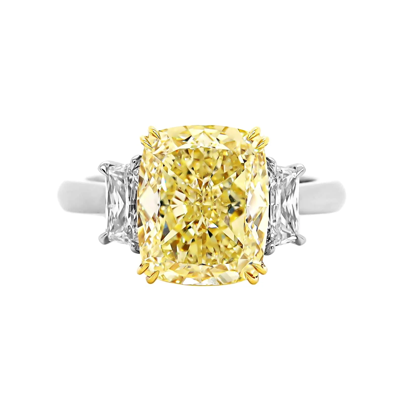 Platinum and 18K Yellow Gold 3 Stone Yellow Cushion Cut Diamond Engagement Ring - Image 5