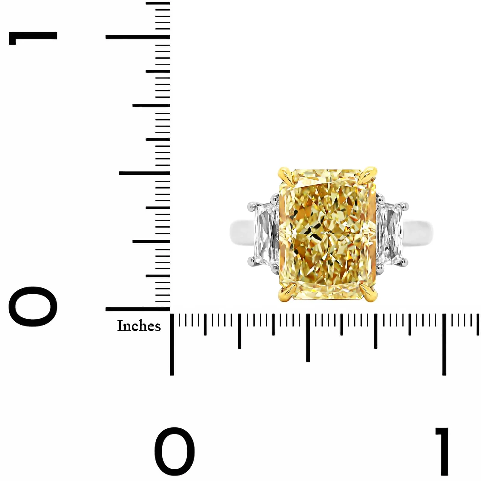 Platinum and 18K Yellow Gold 3 Stone Yellow Radiant Cut Diamond Engagement Ring - Image 4