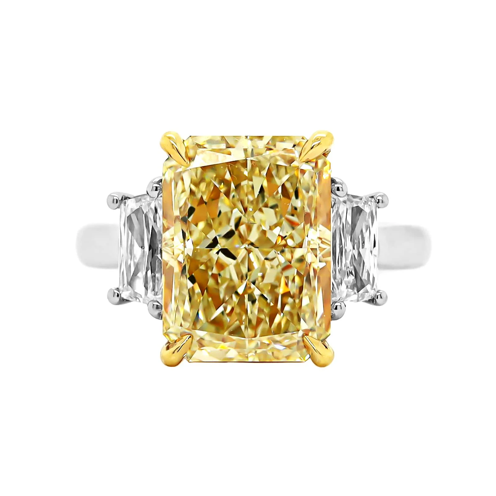 Platinum and 18K Yellow Gold 3 Stone Yellow Radiant Cut Diamond Engagement Ring - Image 5