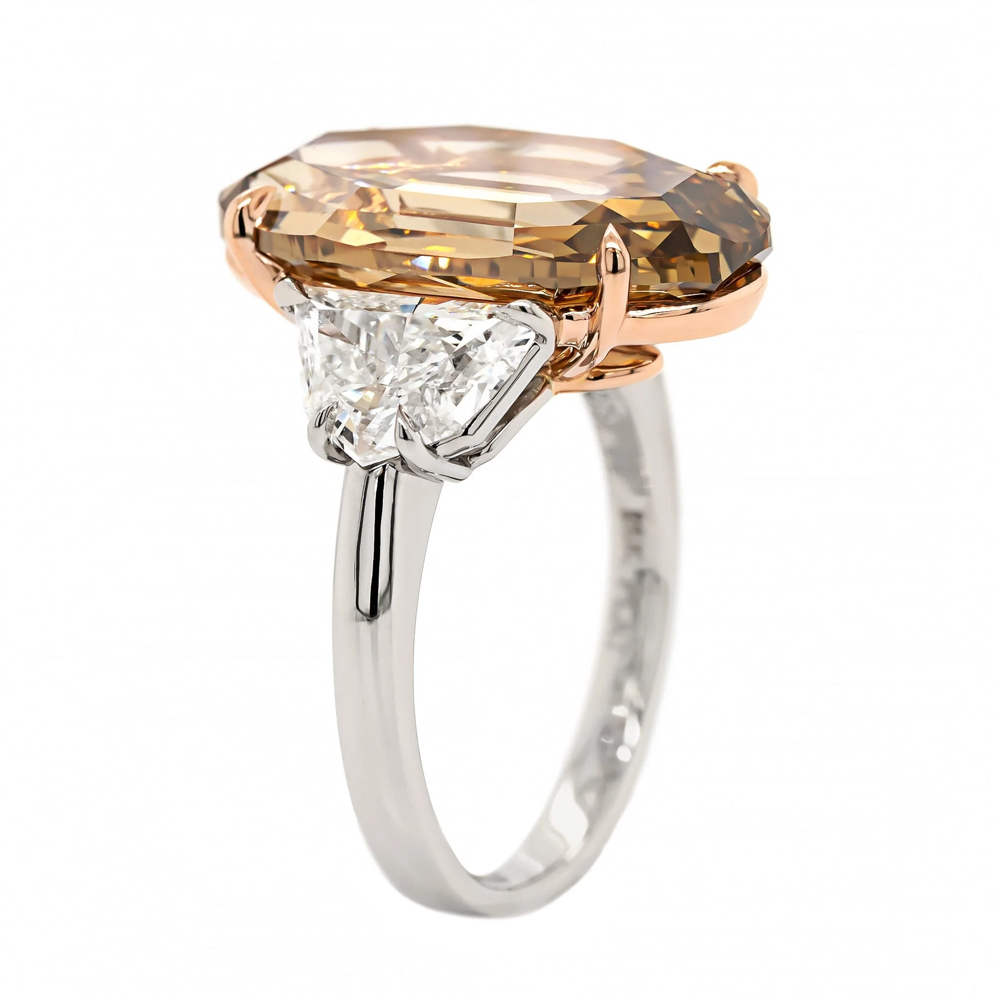Platinum and 18K Yellow Gold 3 Stone Brown Oval Cut Diamond Engagement Ring - Image 2