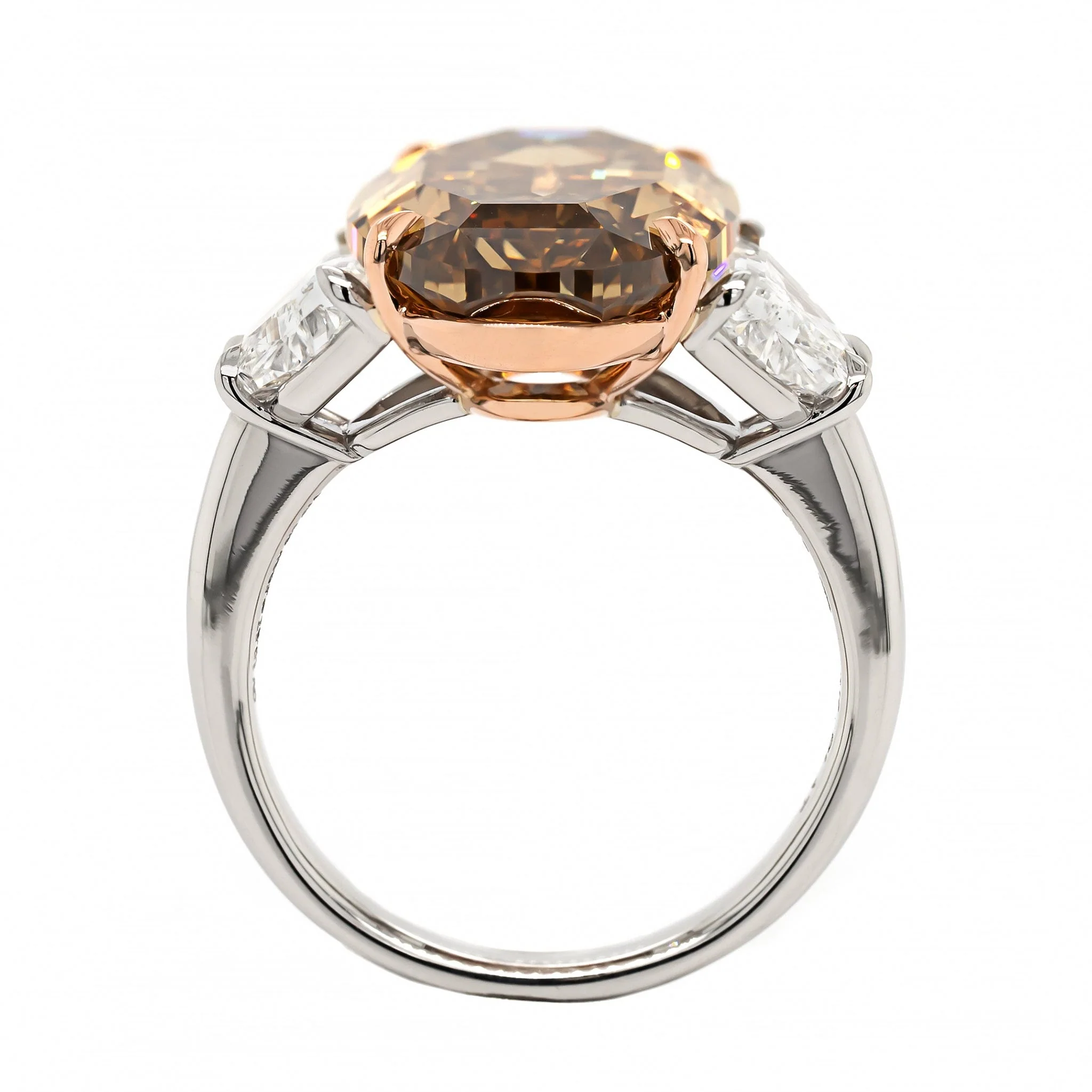 Platinum and 18K Yellow Gold 3 Stone Brown Oval Cut Diamond Engagement Ring - Image 3