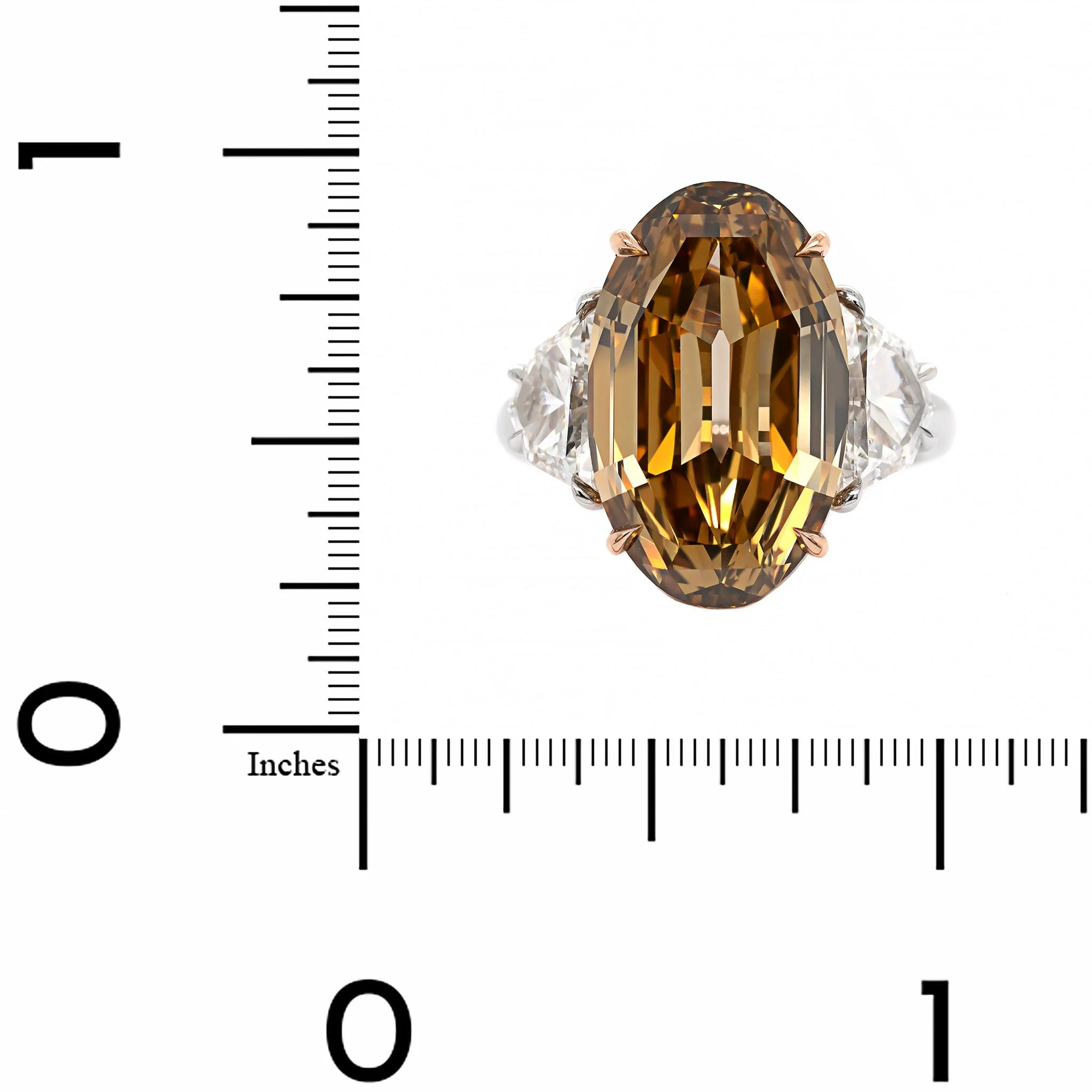 Platinum and 18K Yellow Gold 3 Stone Brown Oval Cut Diamond Engagement Ring - Image 4