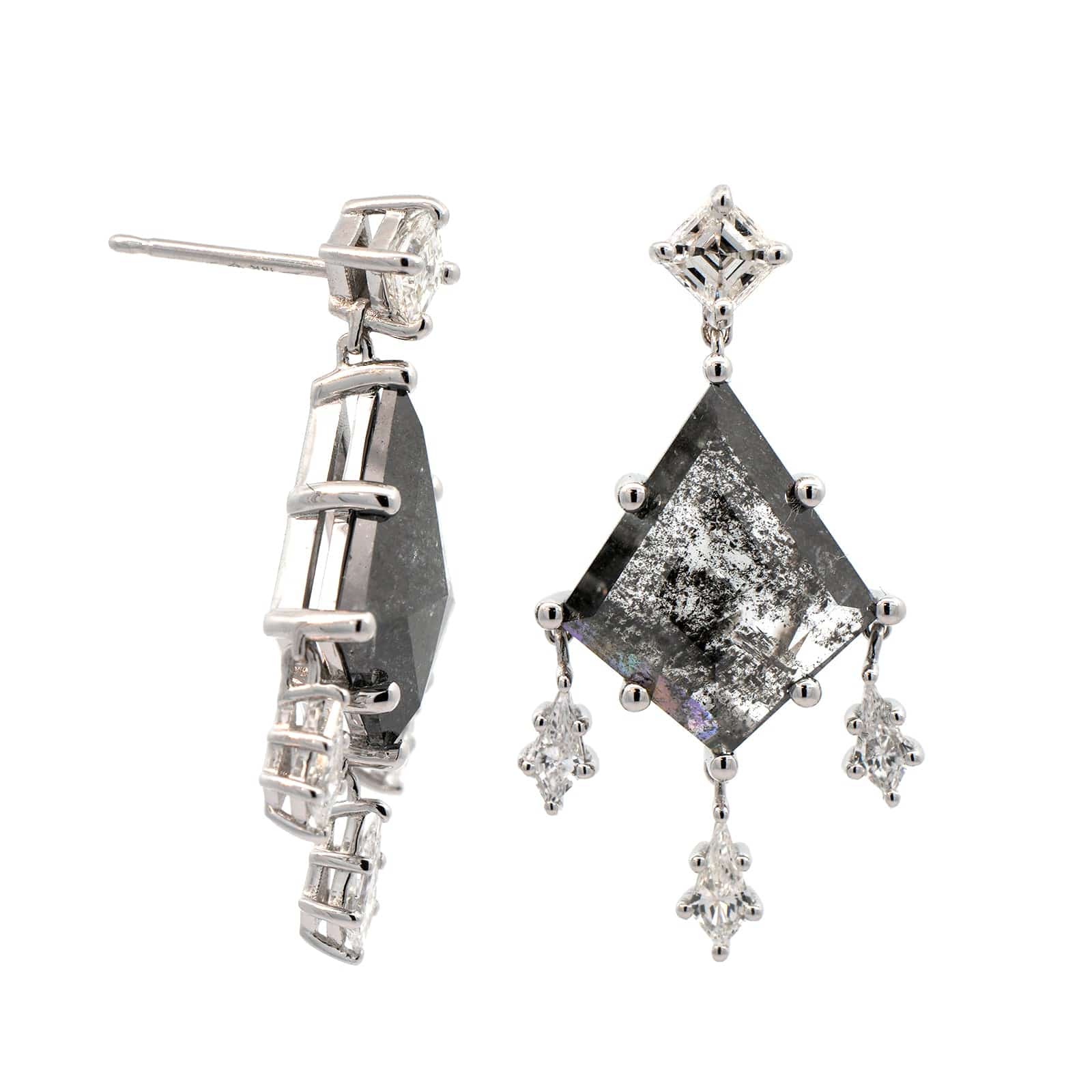 18K White Gold Salt & Pepper Kite Shaped Diamond Earrings - Image 3