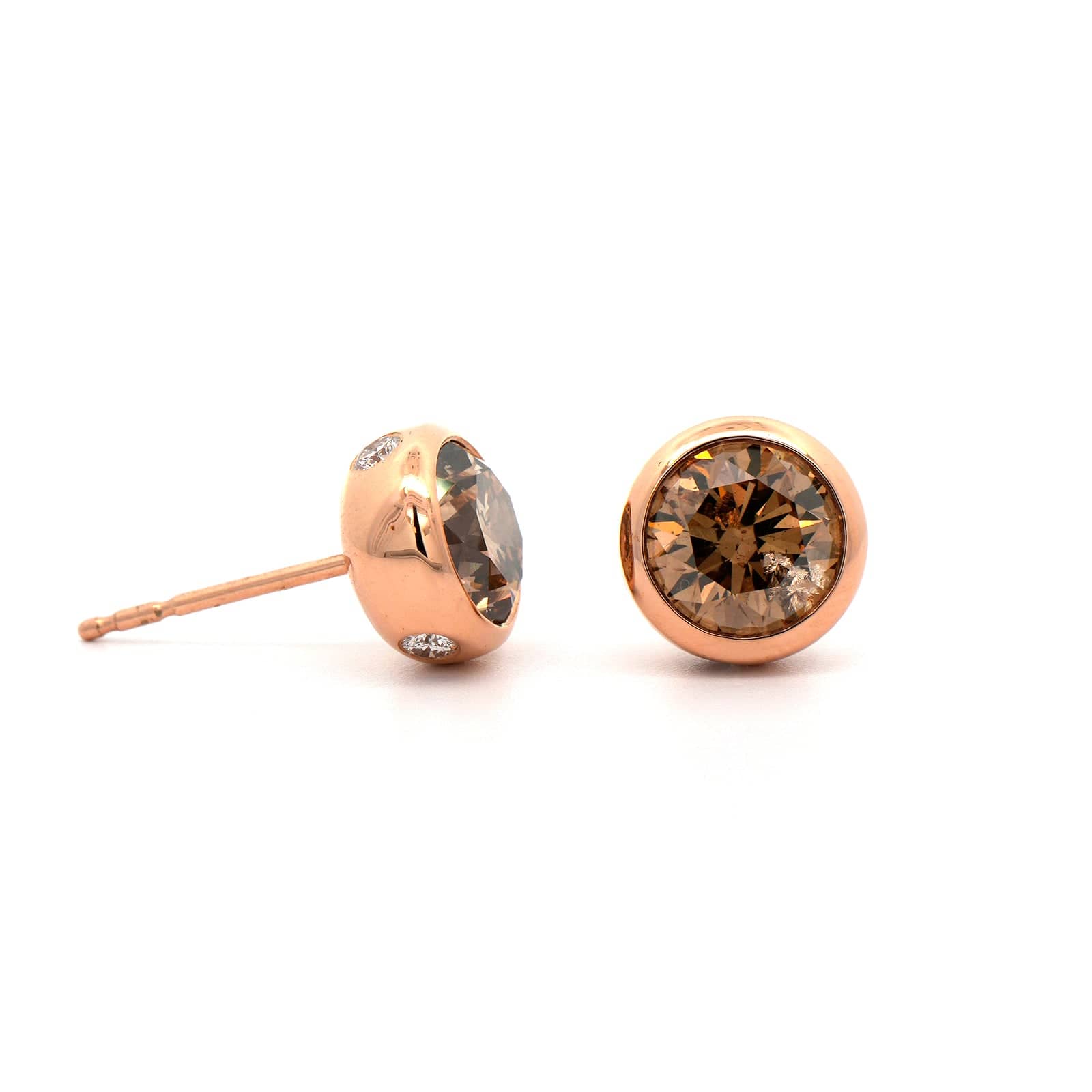 20K Rose Gold Brown Diamond Stud Earrings - Image 3