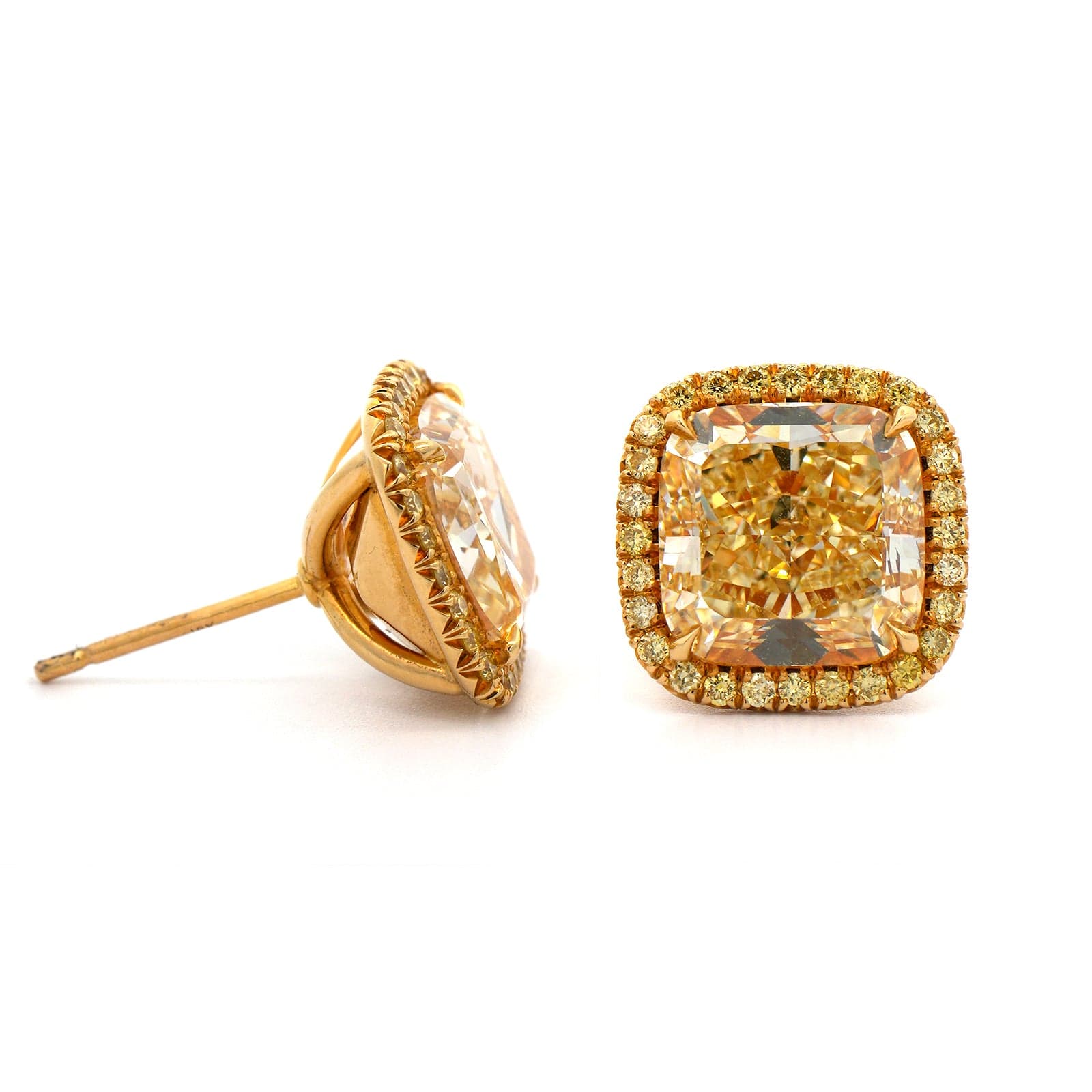 18K Yellow Gold Cushion Cut Yellow Diamond Studs