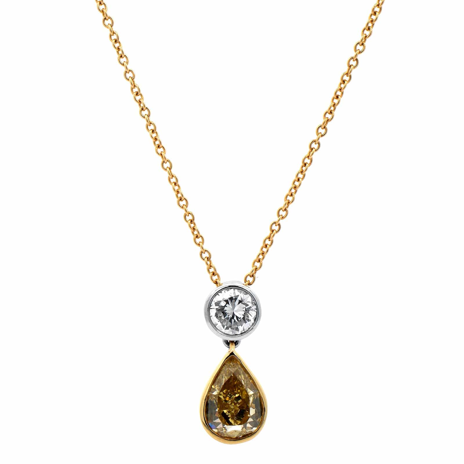 14K Two Tone Pear Shaped Yellow Diamond Pendant Necklace
