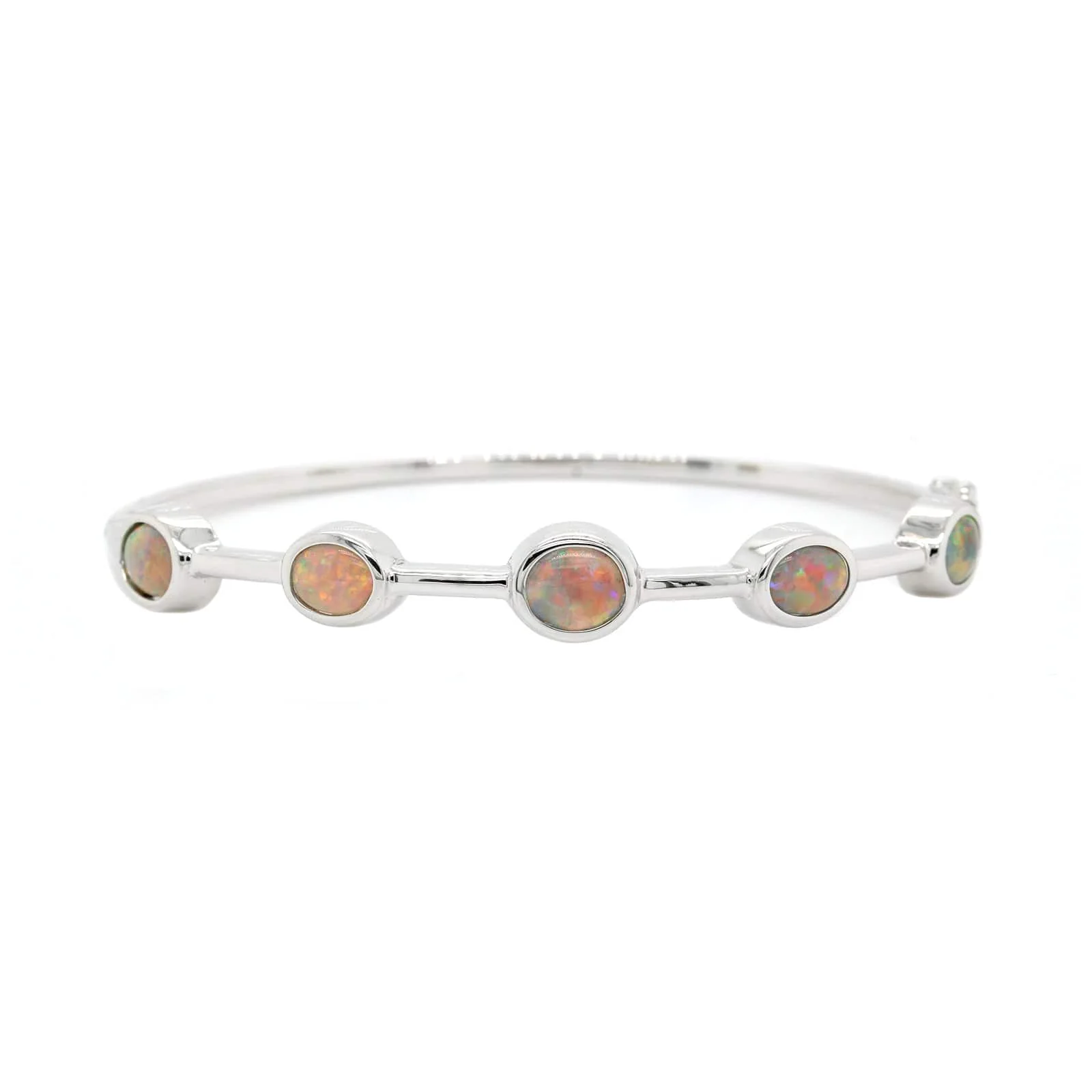 18K White Gold Bezel Set Oval Opal Bangle Bracelet - Image 4