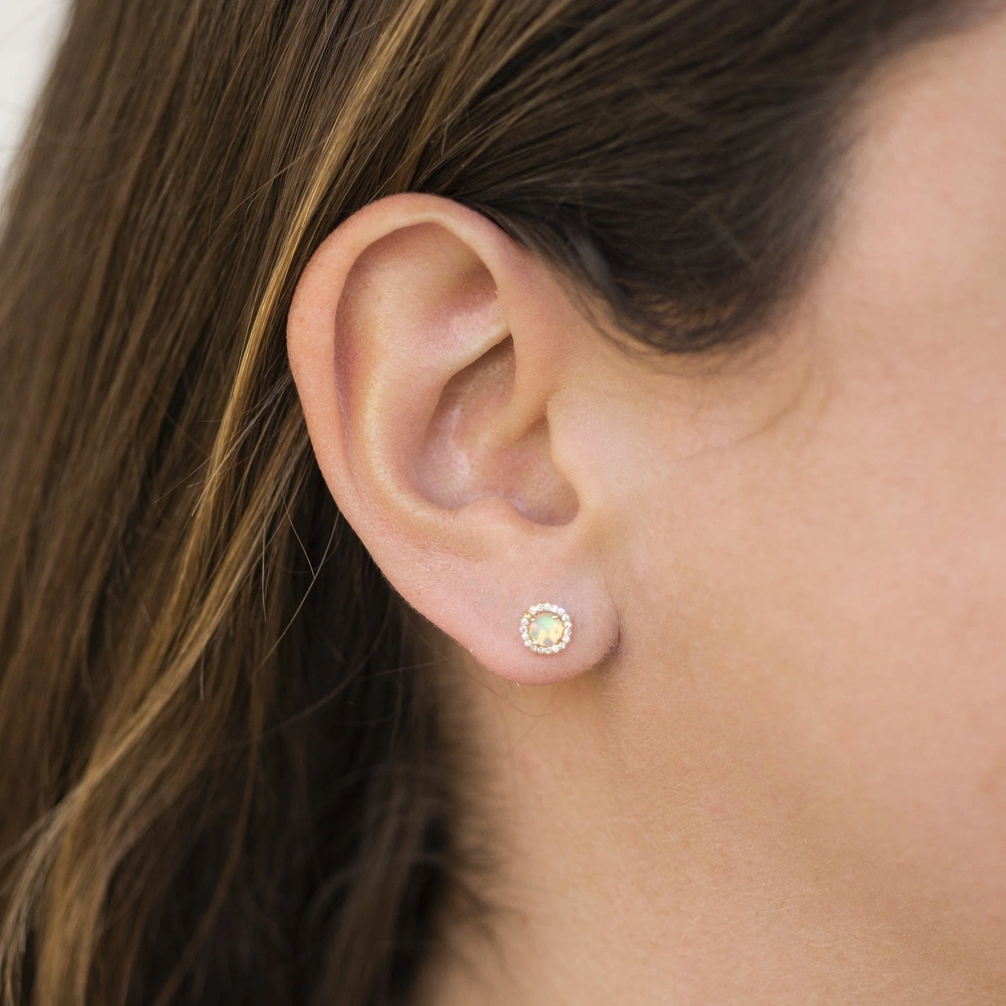 14K Yellow Gold Opal Diamond Halo Stud Earrings - Image 2
