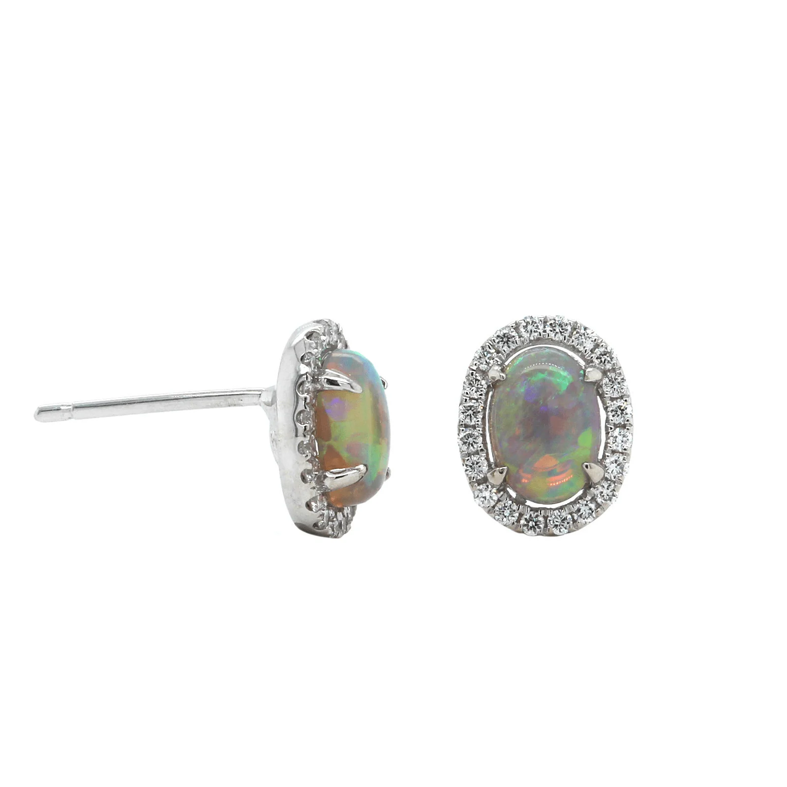 18K White Gold Oval Opal Diamond Halo Stud Earrings