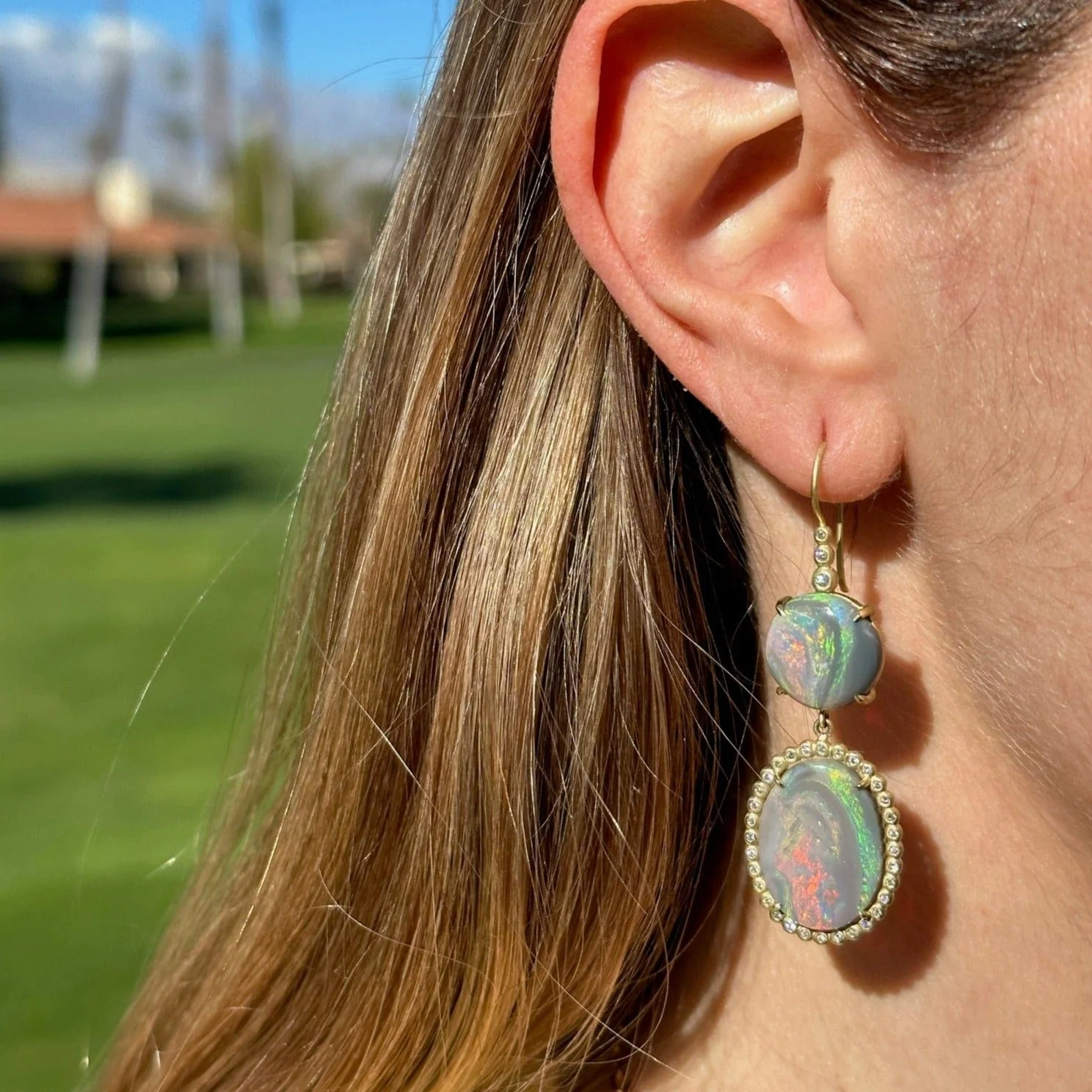 Suzy Landa 18K Yellow Gold Double Black Opal Drop Earrings - Image 2
