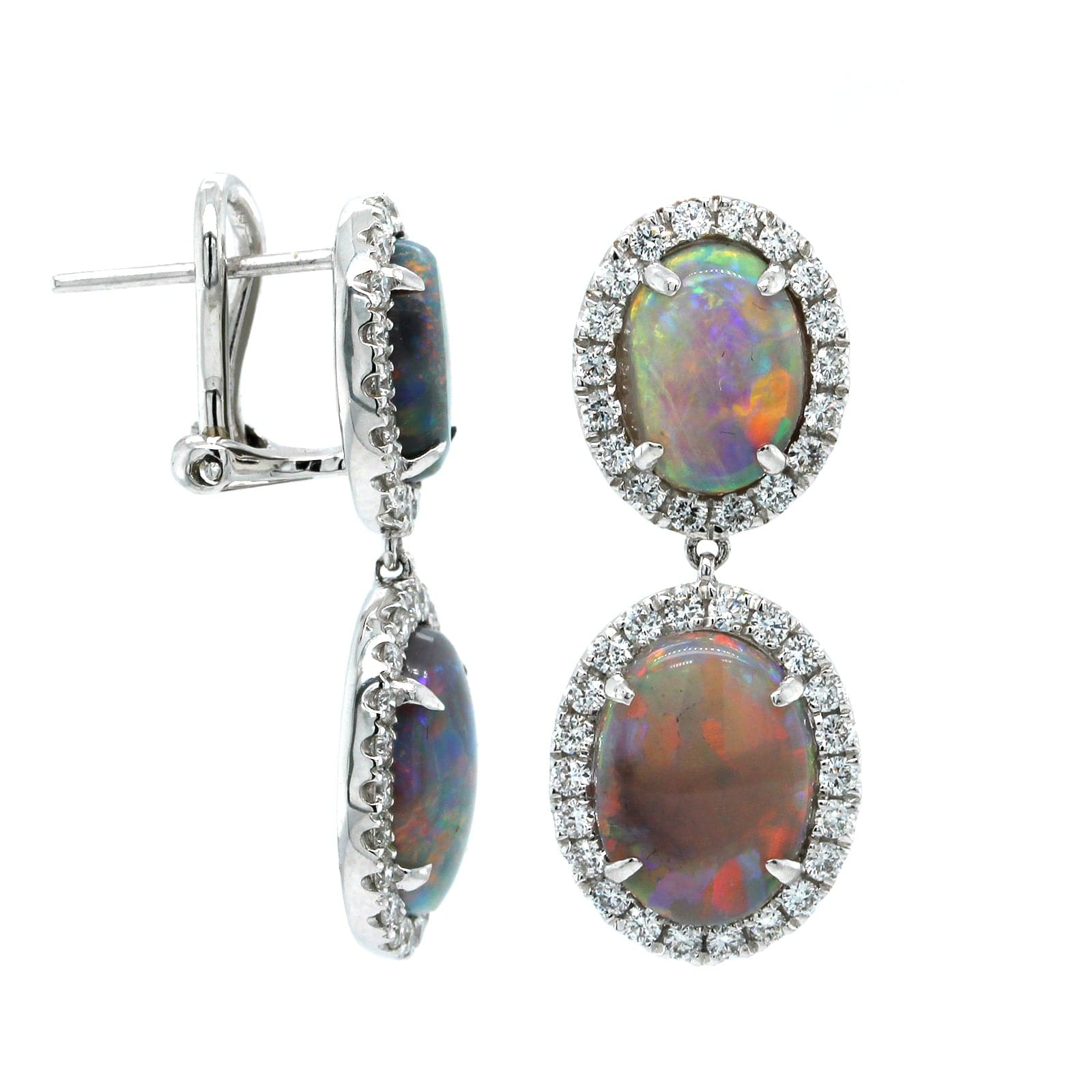 18K White Gold Oval Opals & Diamond Halo Drop Earrings - Image 3