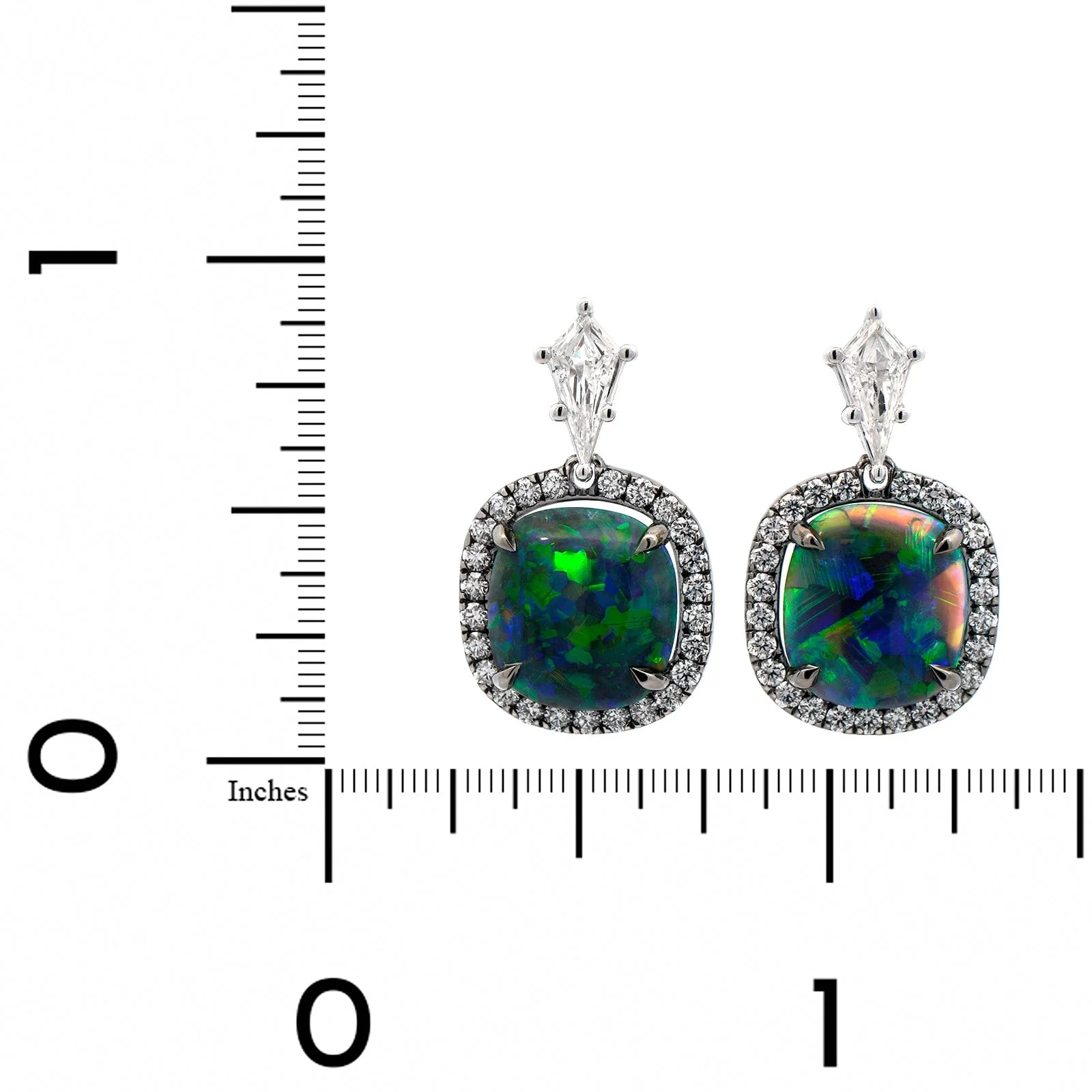 18K White Gold Cushion Cut Opals & Diamond Halo Huggie Earrings - Image 2