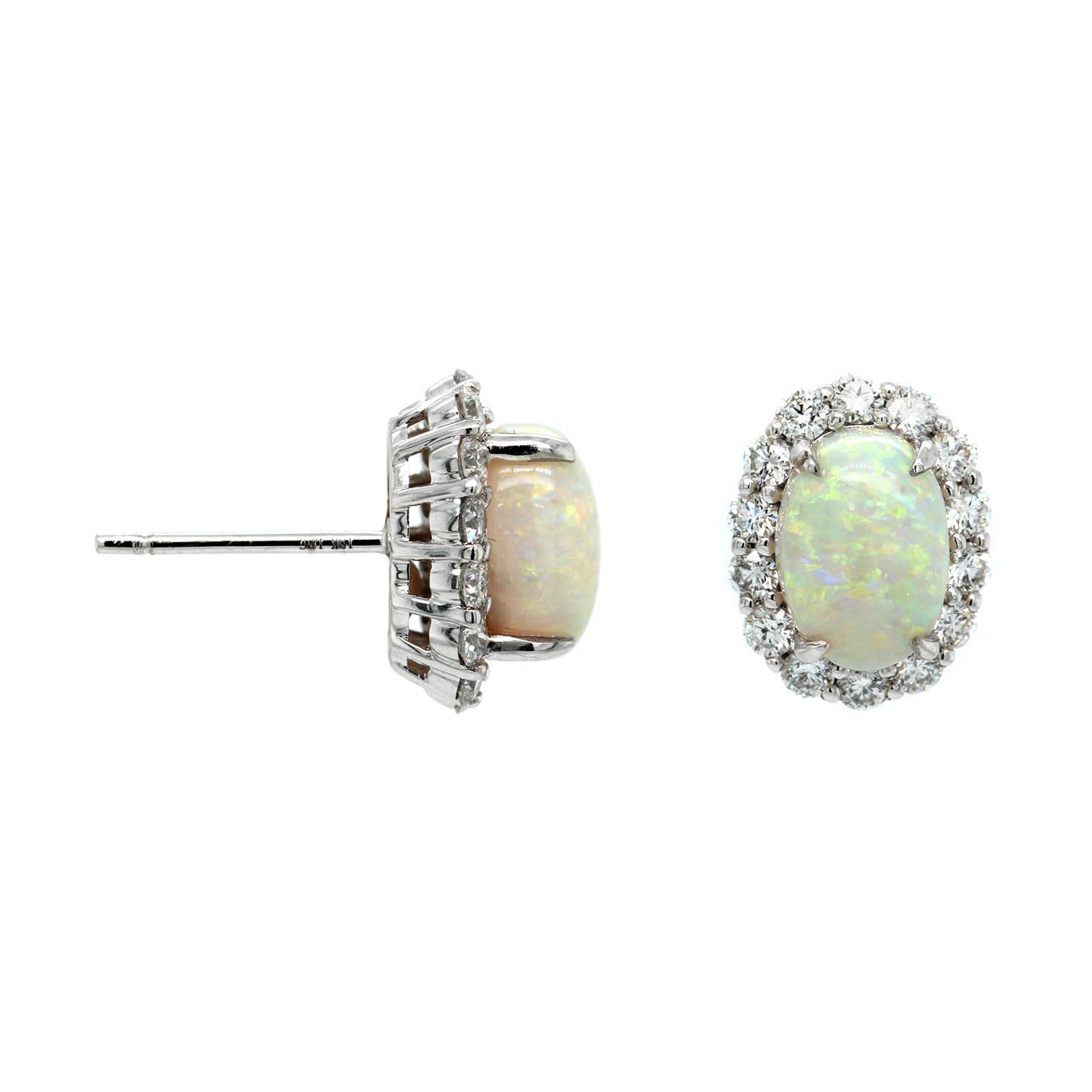 18K White Gold Oval Opal and Diamond Halo Stud Earrings - Image 3