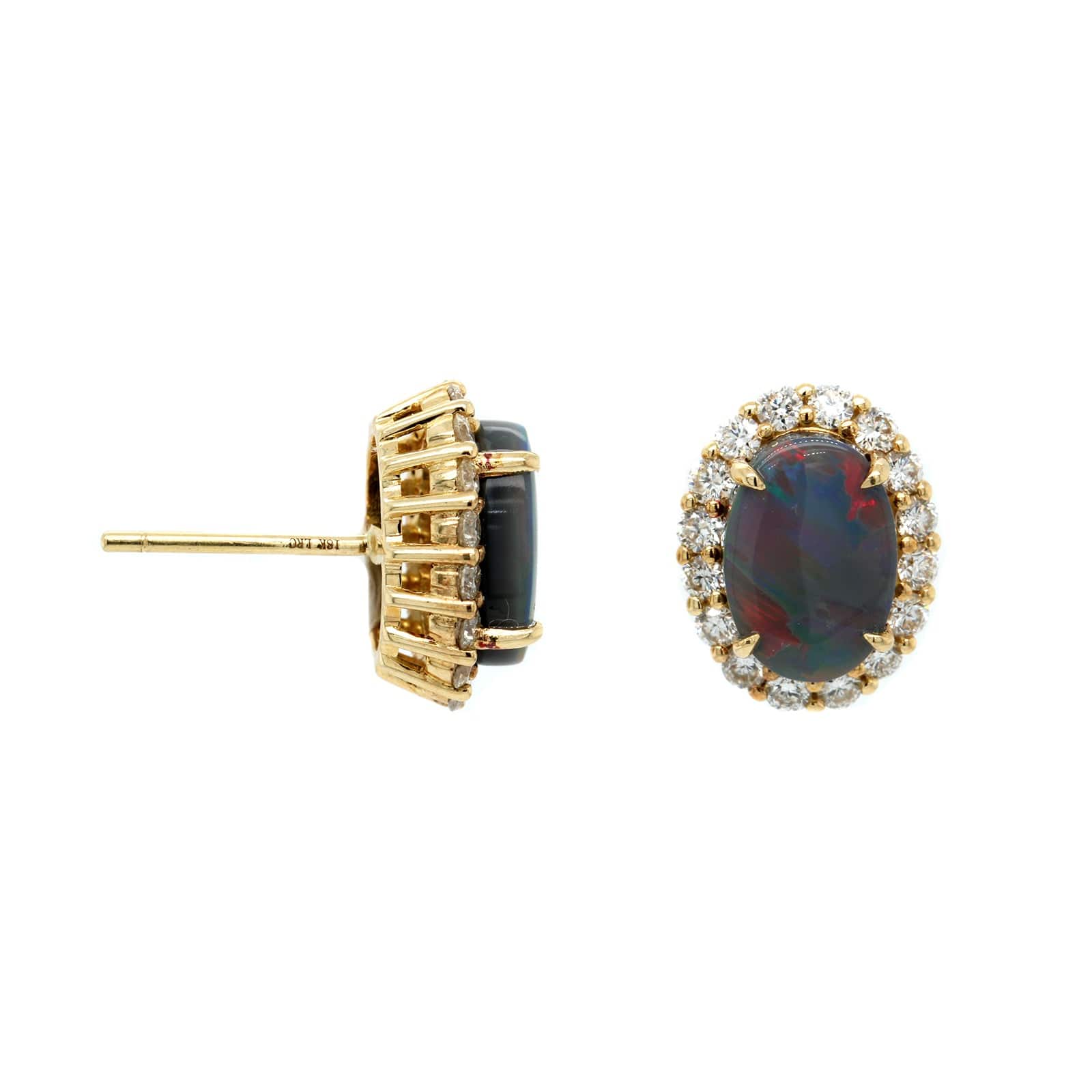 18K Yellow Gold Oval Opal and Diamond Halo Stud Earrings - Image 3