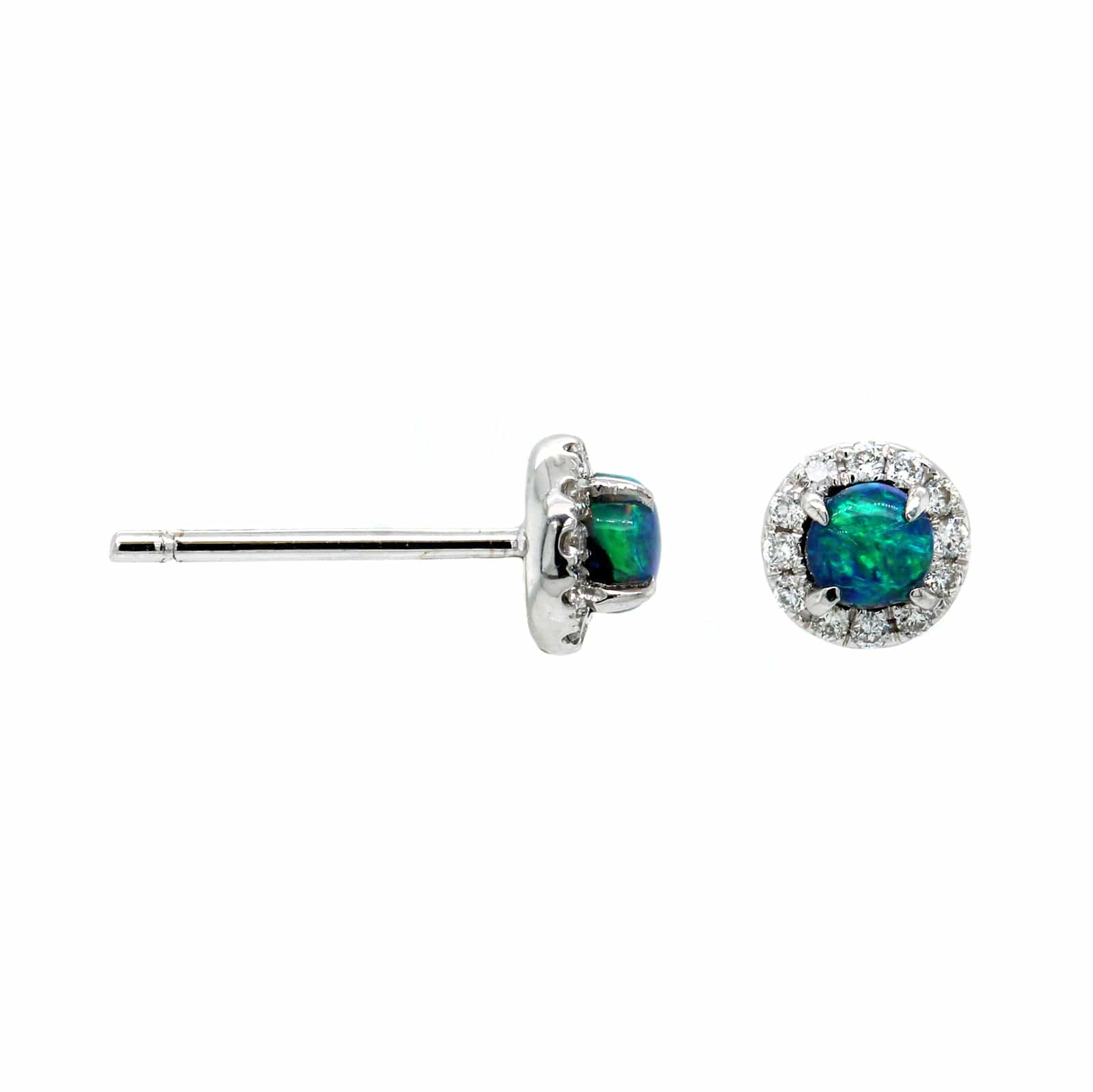 18K White Gold Round Opal and Diamond Halo Stud Earrings - Image 3