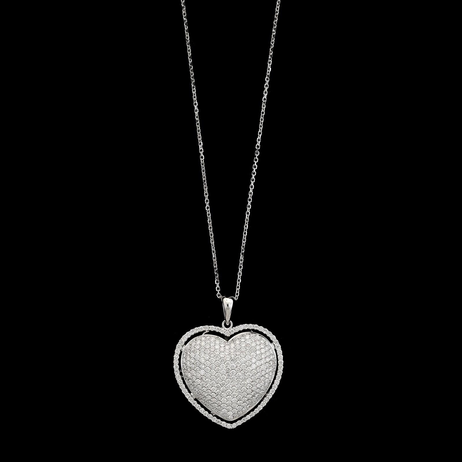 Odelia 18K White Gold Estate Puffed Heart Diamond Pendant Necklace