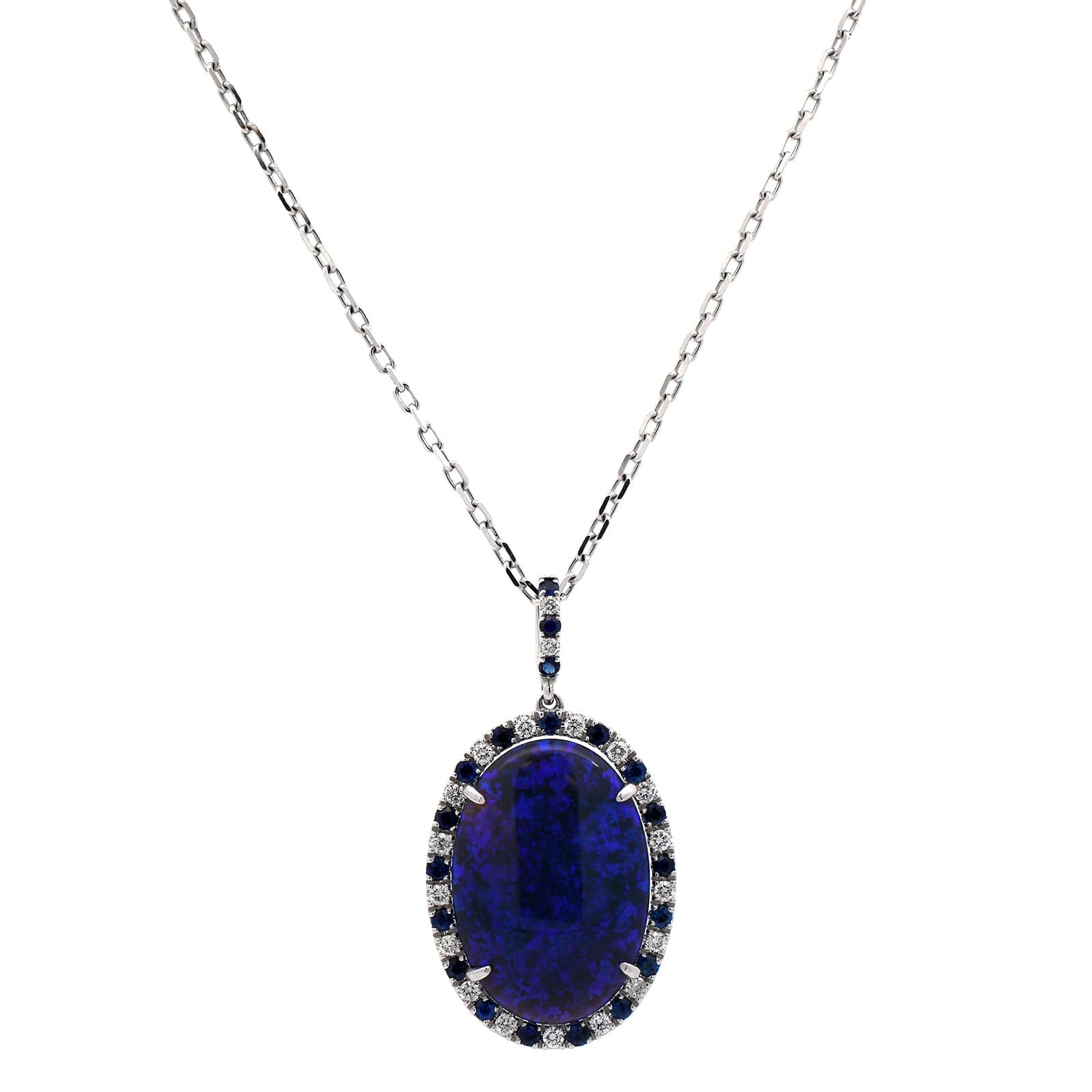 18K White Gold Sapphire, Black Opal, and Diamond Pendant Necklace - Image 5
