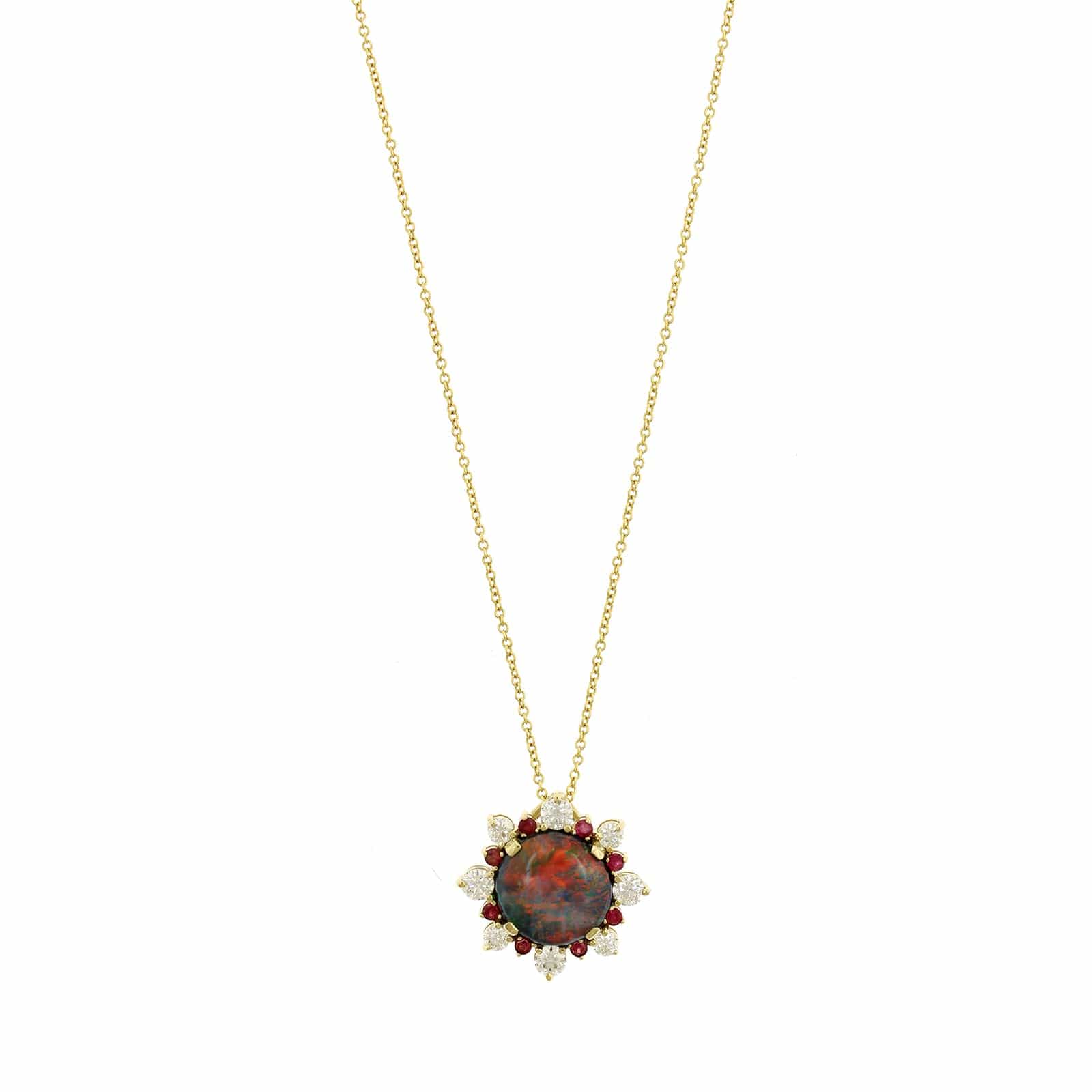 18K Yellow Gold Round Opal and Diamond Pendant Necklace