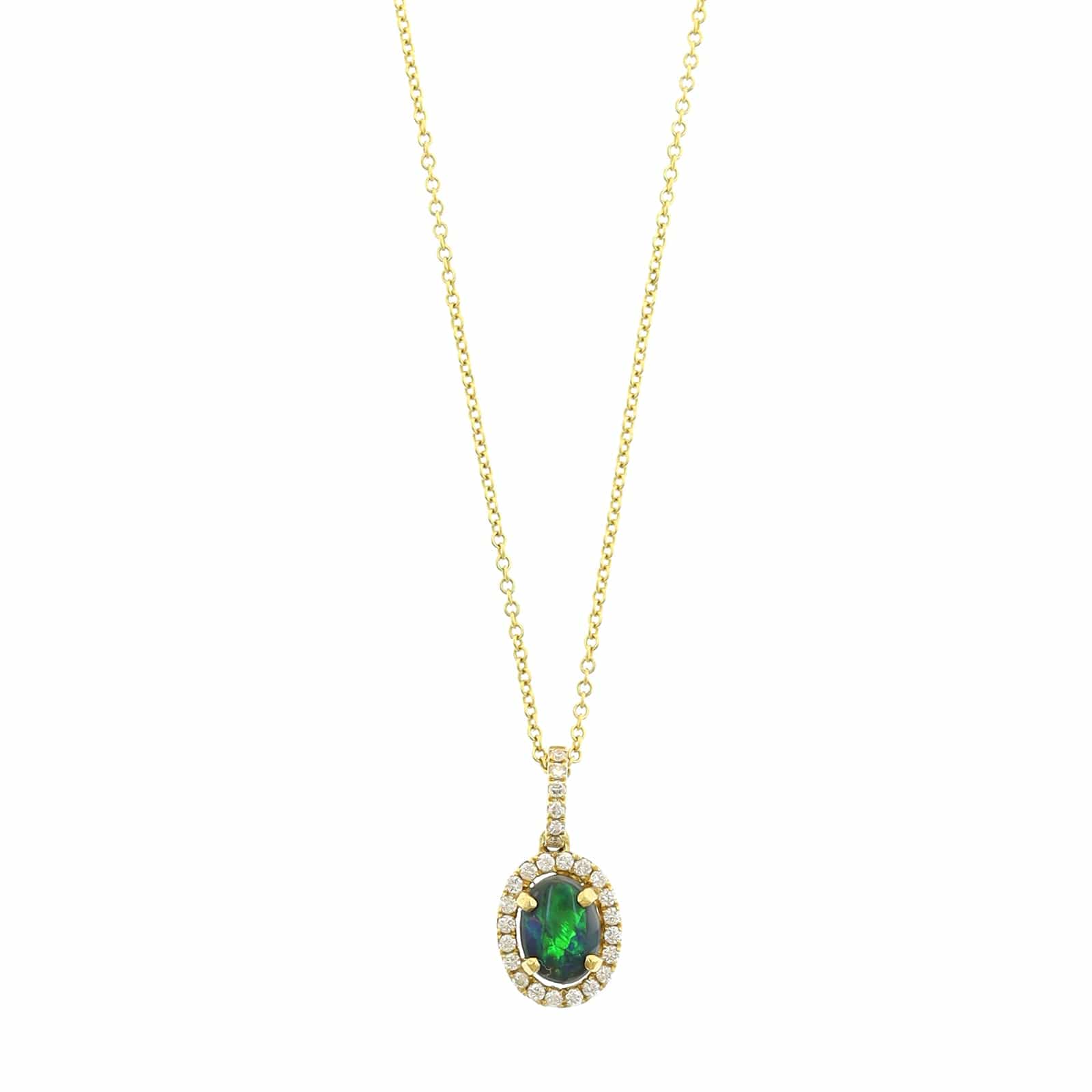 18K Yellow Gold Oval Green Opal & Diamond Halo Pendant Necklace