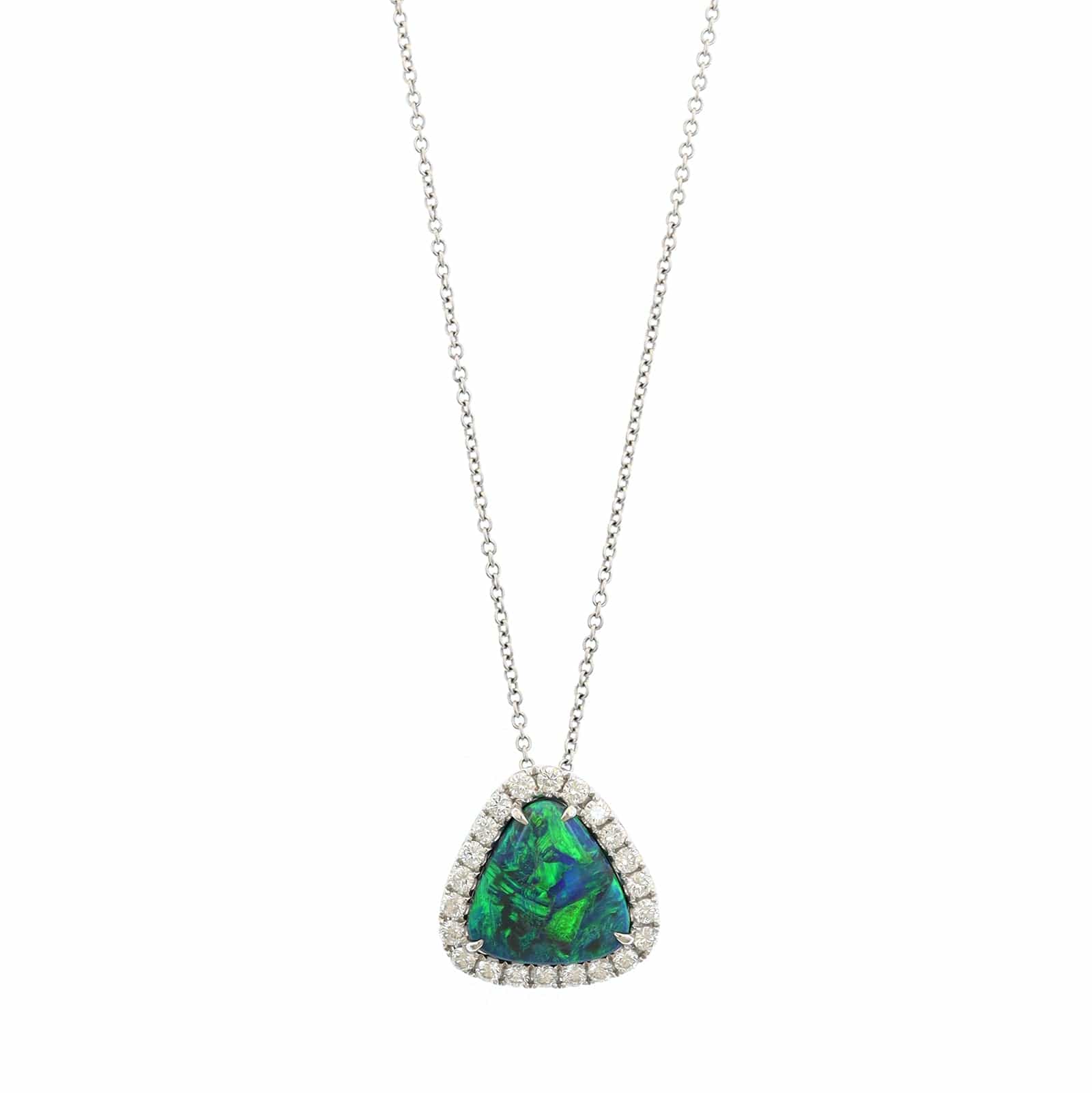 18K White Gold Green Opal & Diamond Halo Pendant Necklace - Image 5