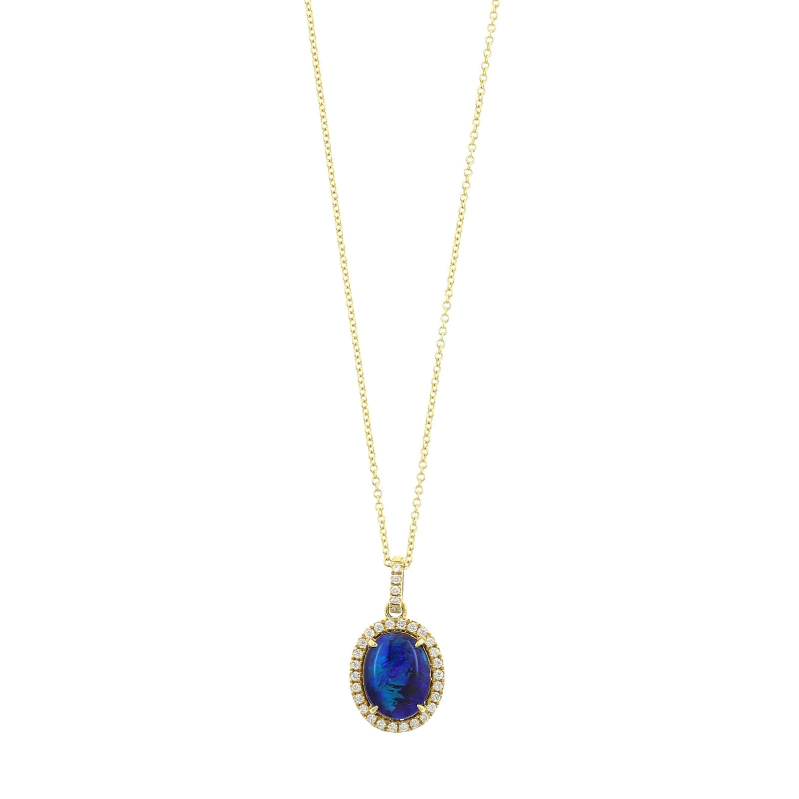 18K Yellow Gold Oval Blue Opal & Diamond Halo Pendant Necklace - Image 5
