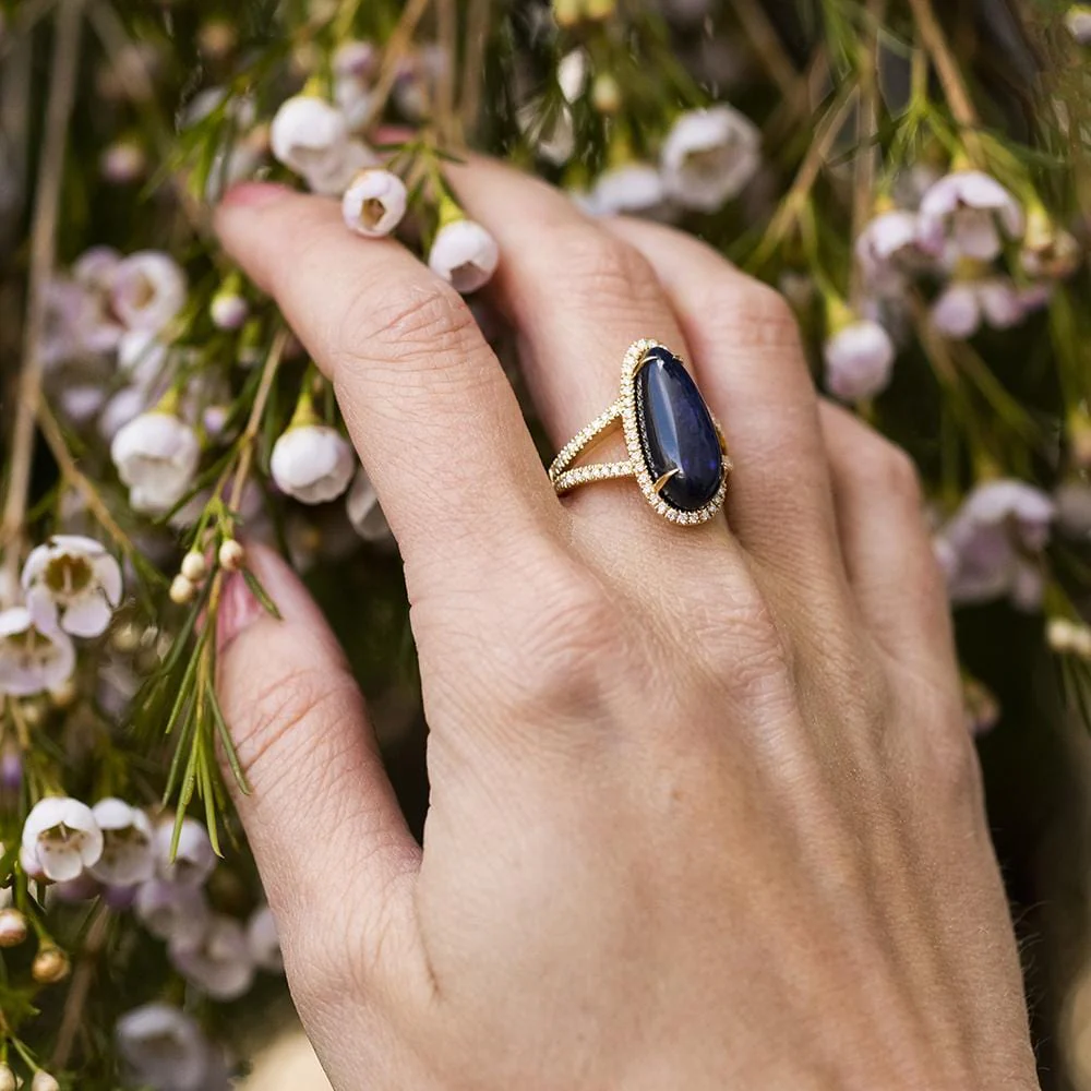 18K Yellow Gold Opal and Diamond Halo Ring - Image 2