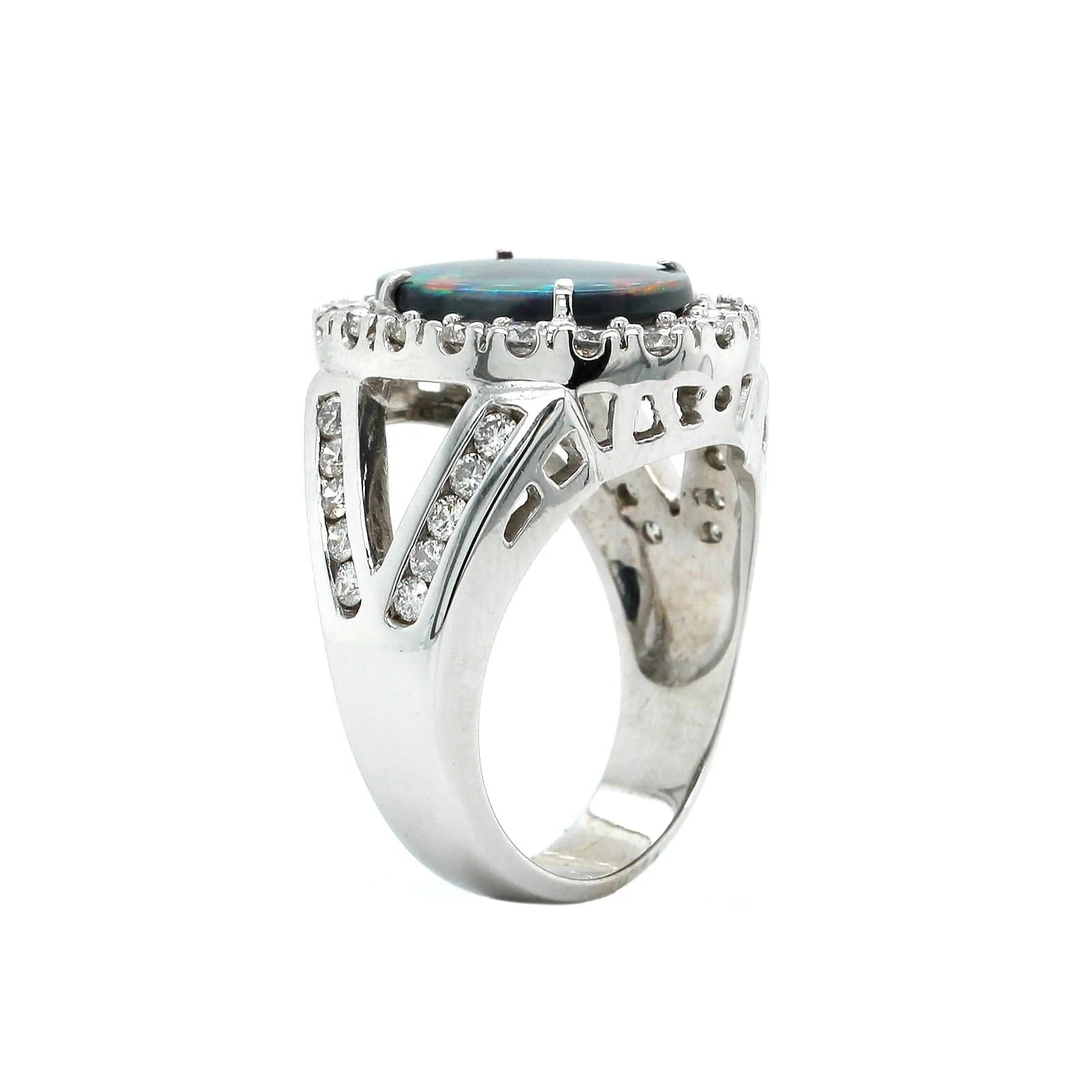 18K White Gold Black Opal Diamond Halo Ring - Image 2