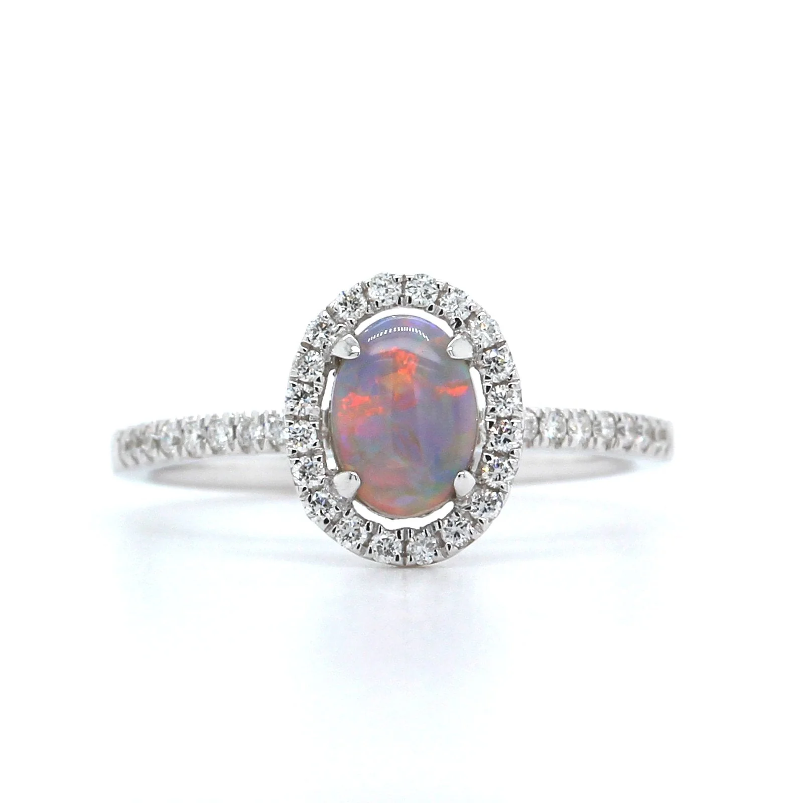 18K White Gold Oval Black Opal and Diamond Halo Ring