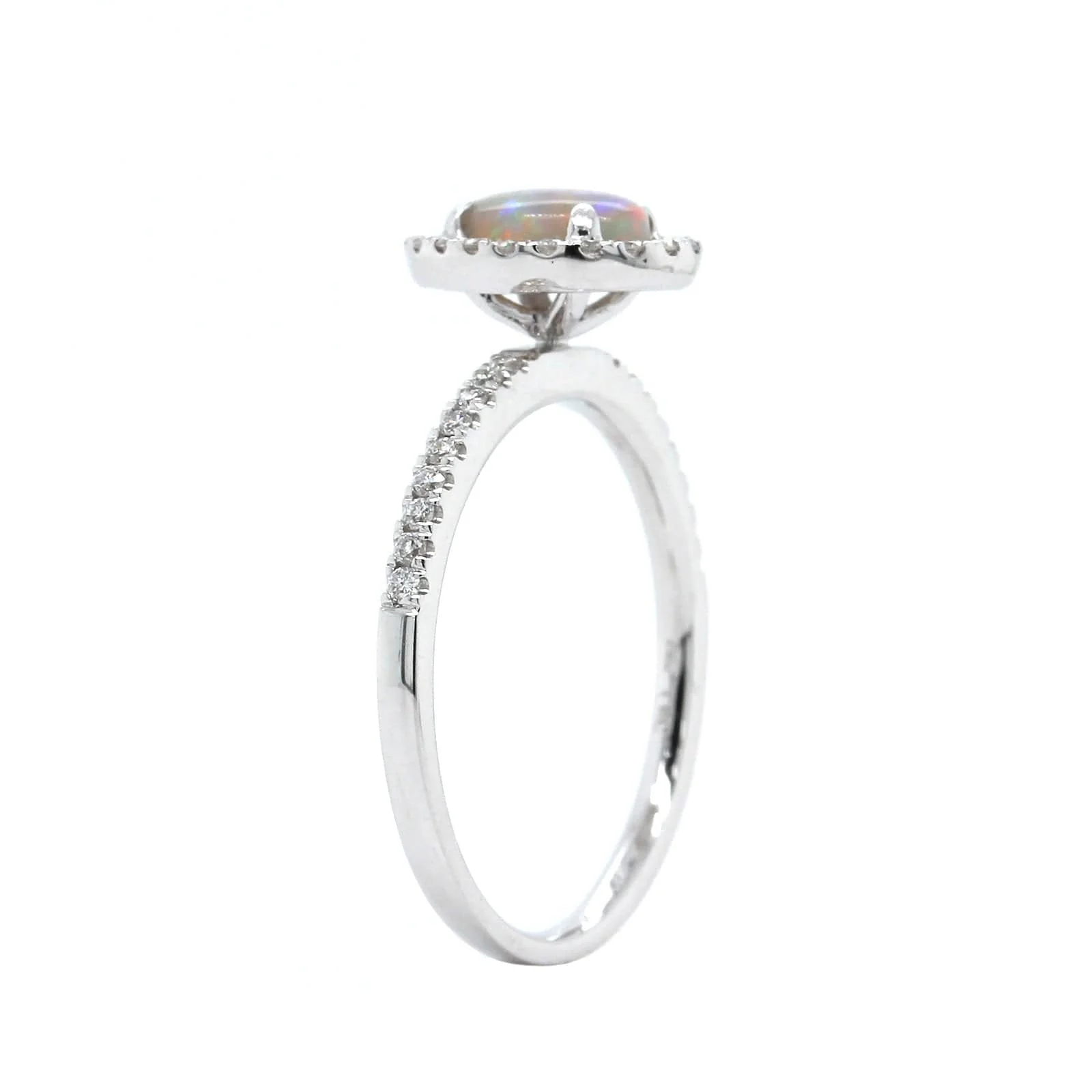 18K White Gold Oval Black Opal and Diamond Halo Ring - Image 2