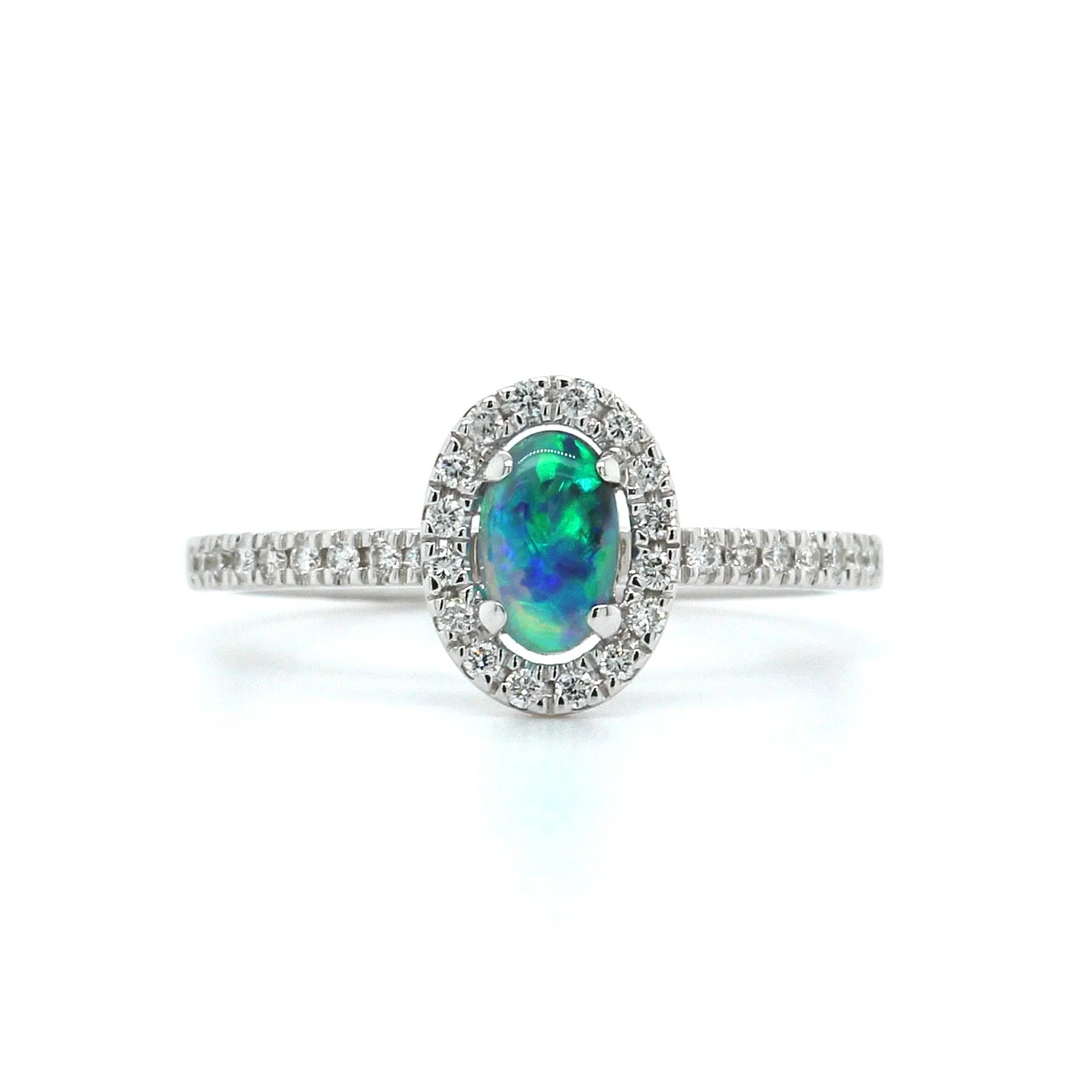 18K White Gold Opal Diamond Halo Ring
